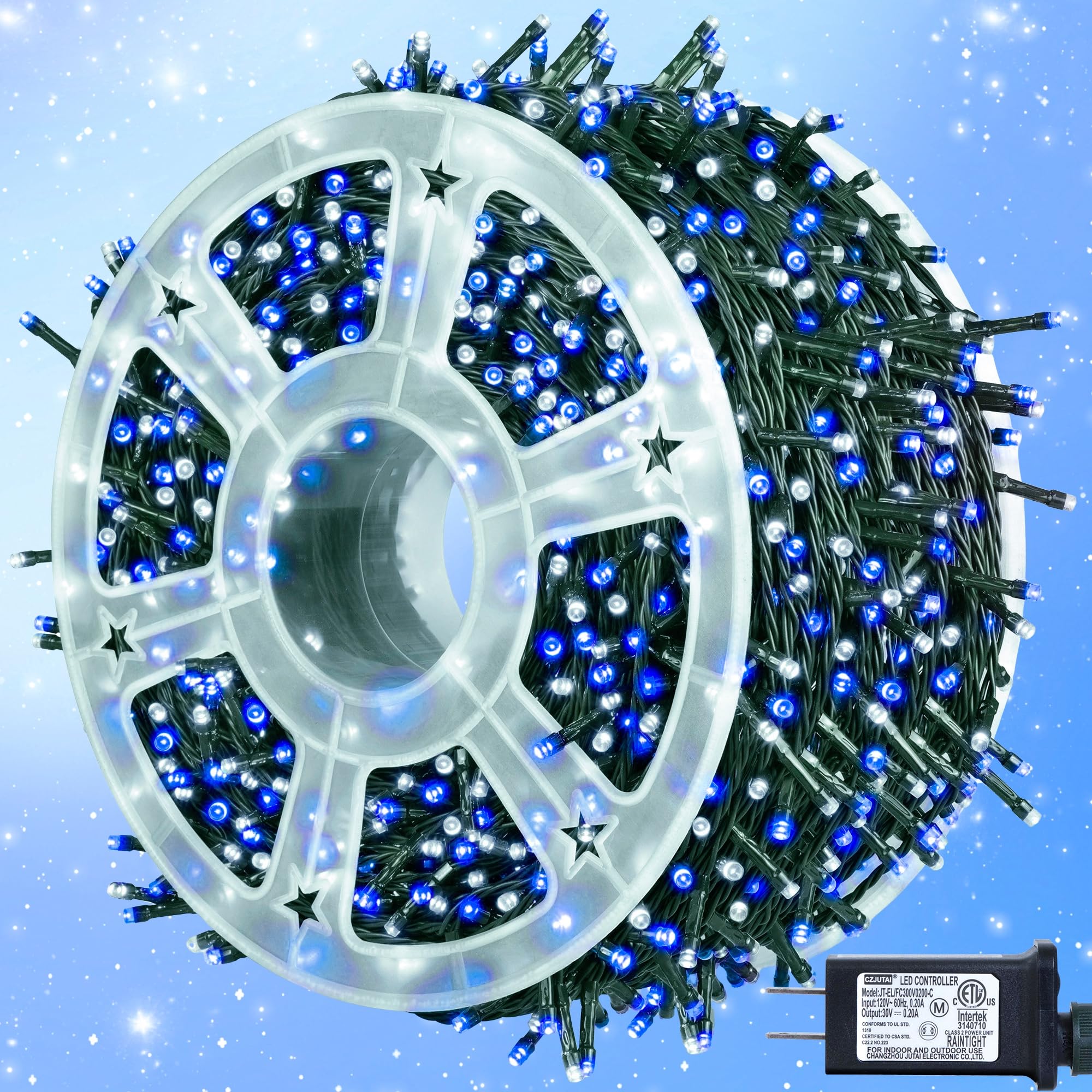 kemooie 500 LED Christmas Lights, 164FT, 8 Lighting Modes, Blue and White, Model HB-500COI, for Outdoor Decorations
