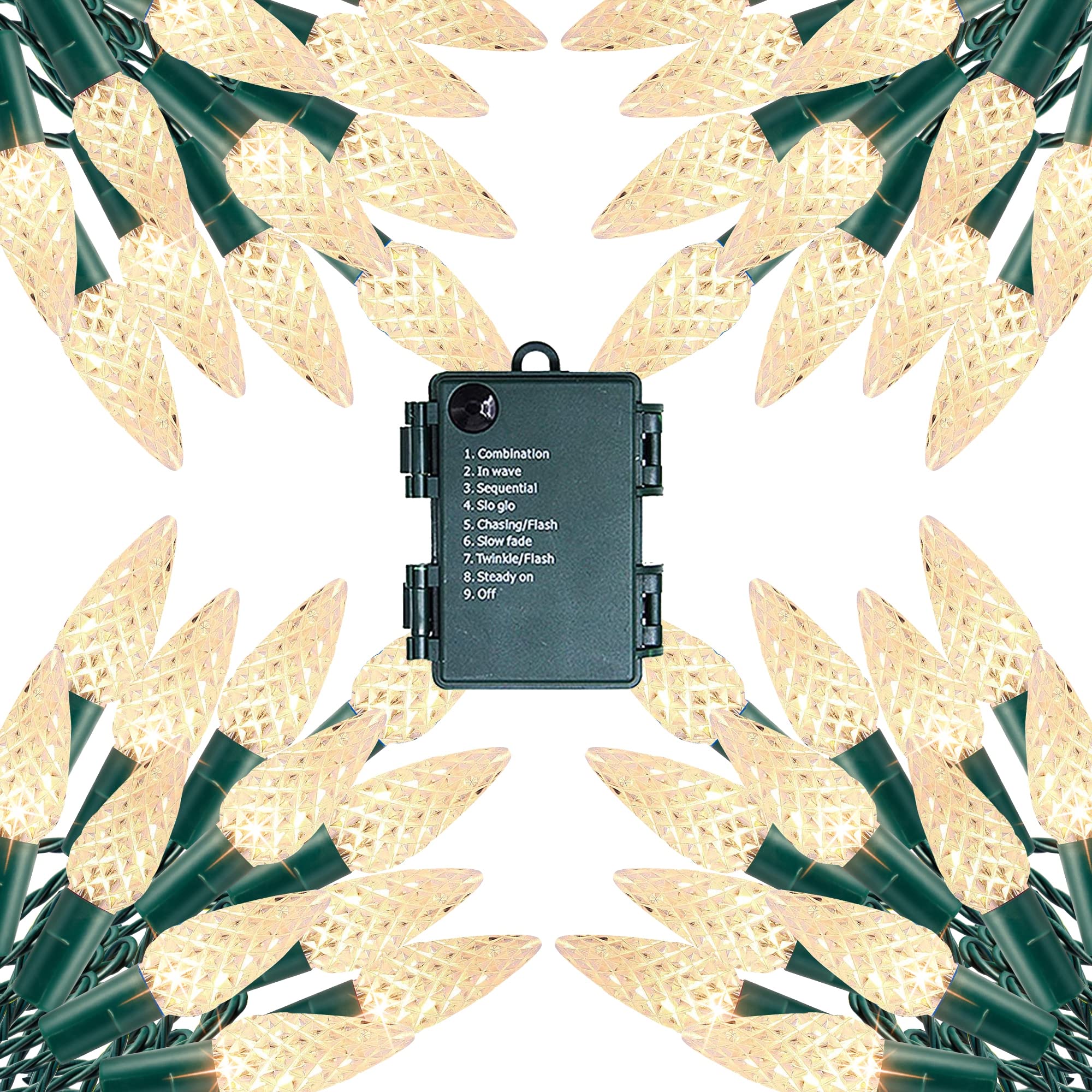 Dazzle Bright C6 Battery Operated Christmas Lights, 4 Pack Total 200LED 68FT Warm White Christmas Lights with 8 Modes, Waterproo