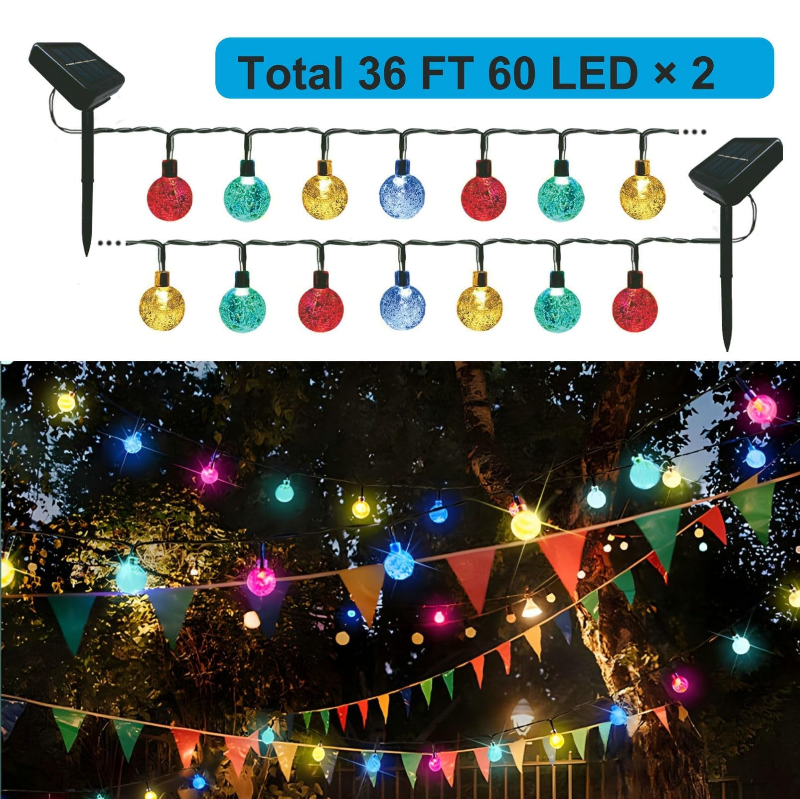 Solar String Lights Outdoor Waterproof 2 Pack 120 Led 72Ft-Big Ball Multi Color Crystal Globe Lights With 8 Modes For Garden, La