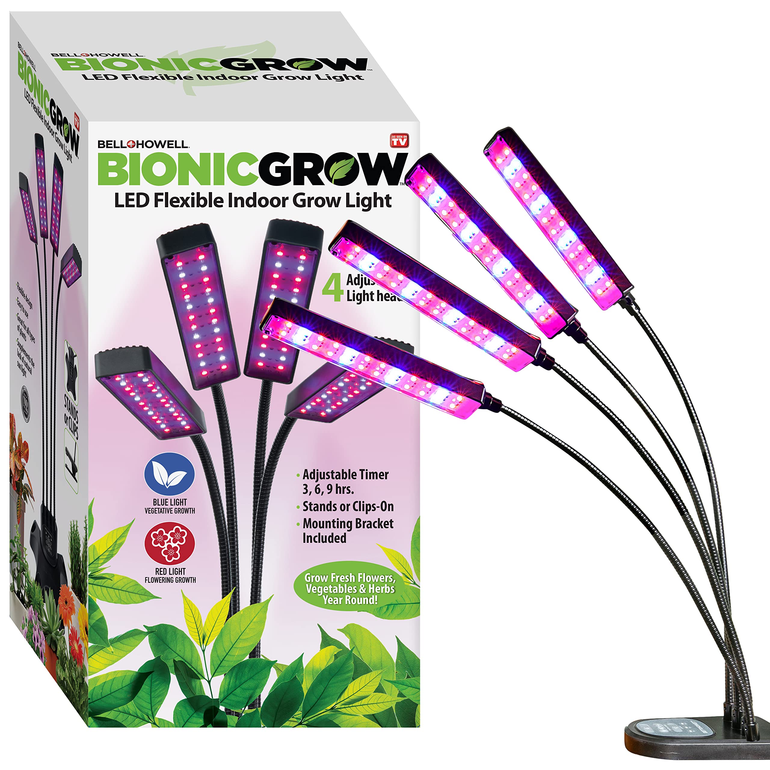 Bell+Howell Bionic Grow Grow Light for Indoor Plants 4 Heads Growing Lamp with 8 Brightness Settings, 3 Light Modes Including Fu