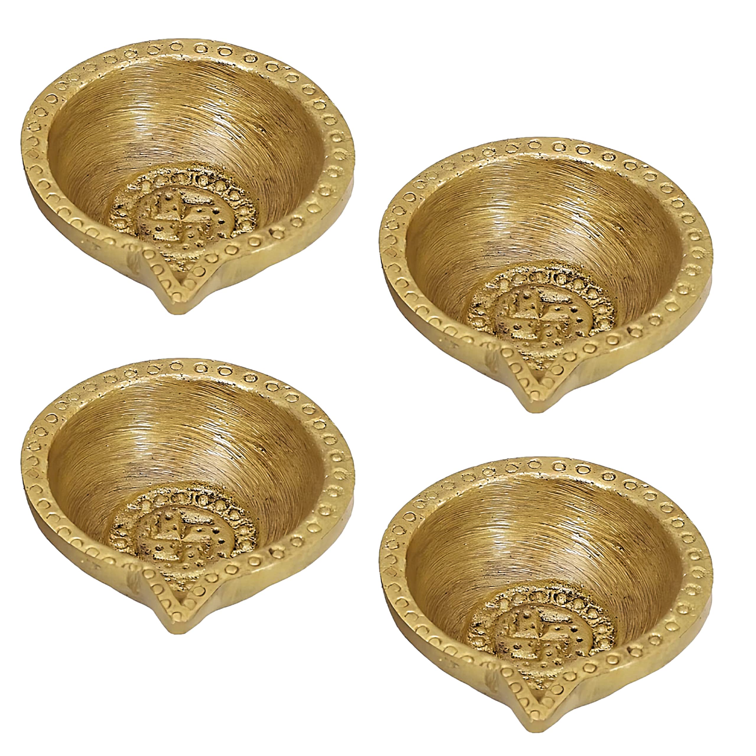 Jaszz Art Brass Diya (3 inches and 360g, Pack of 4) Pair Small Ethnic Design Handmade Curved Oil Wick Antique Kuber Deepak Lamp