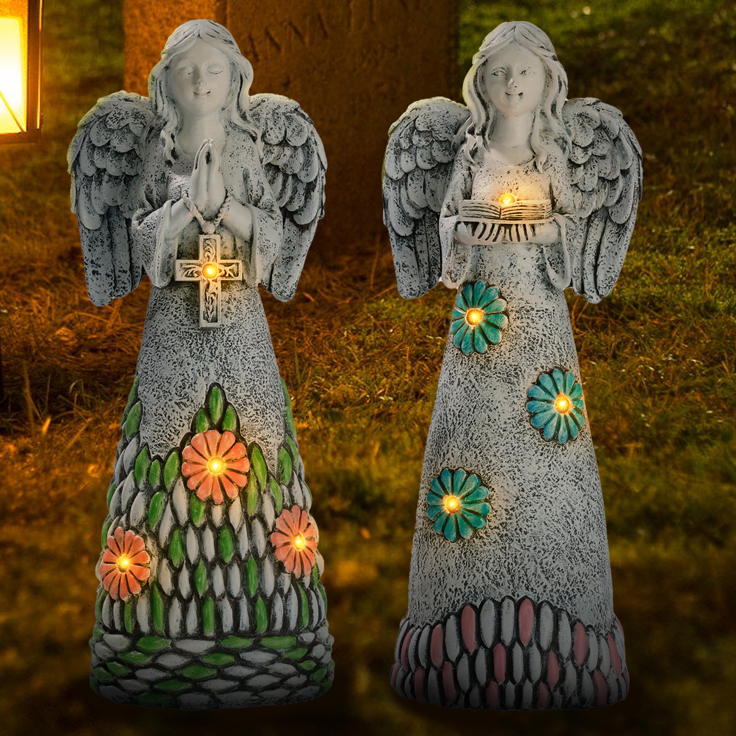 Teresa'S Collections Angel Garden Statues With Solar Light - 2 Pack Resin Memorial Decor