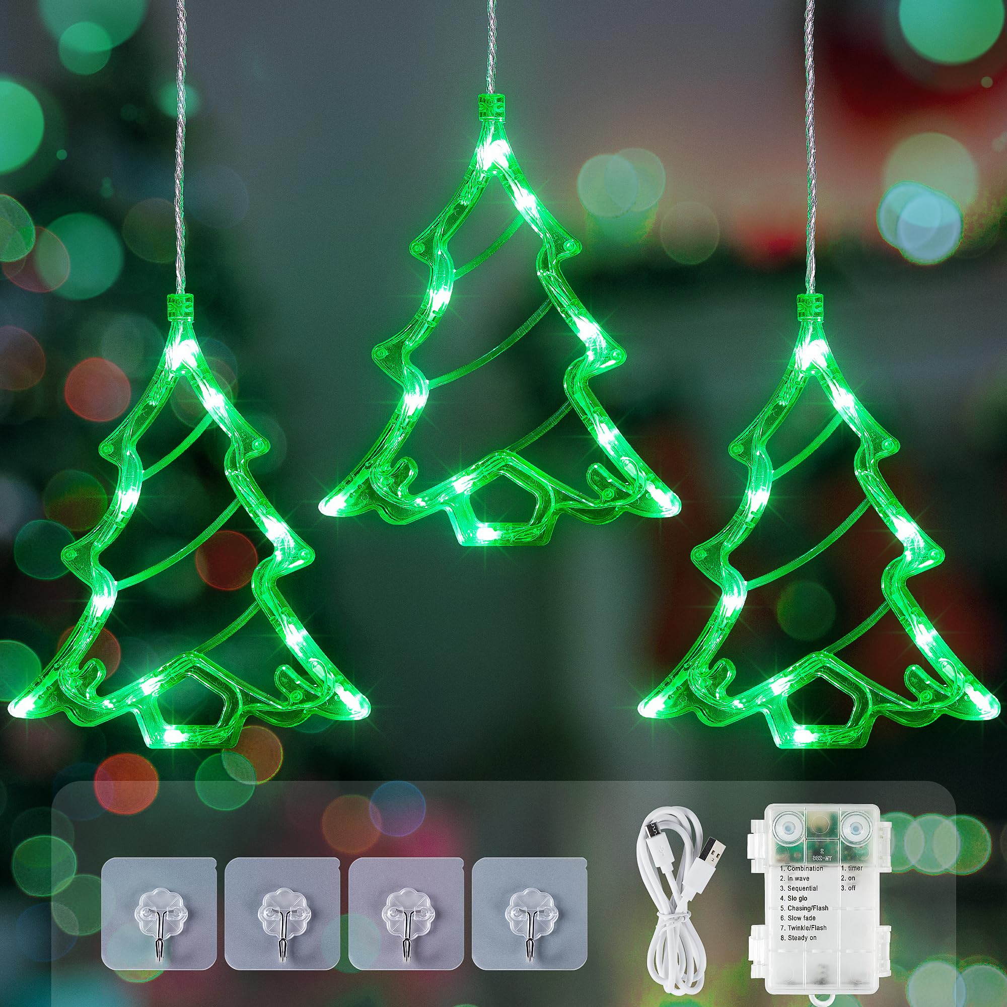 woohaha 30LED Christmas Window Lights,3 Christmas Tree Curtain String Lights USB/Battery Operated,Hanging Xmas Light for Indoor 