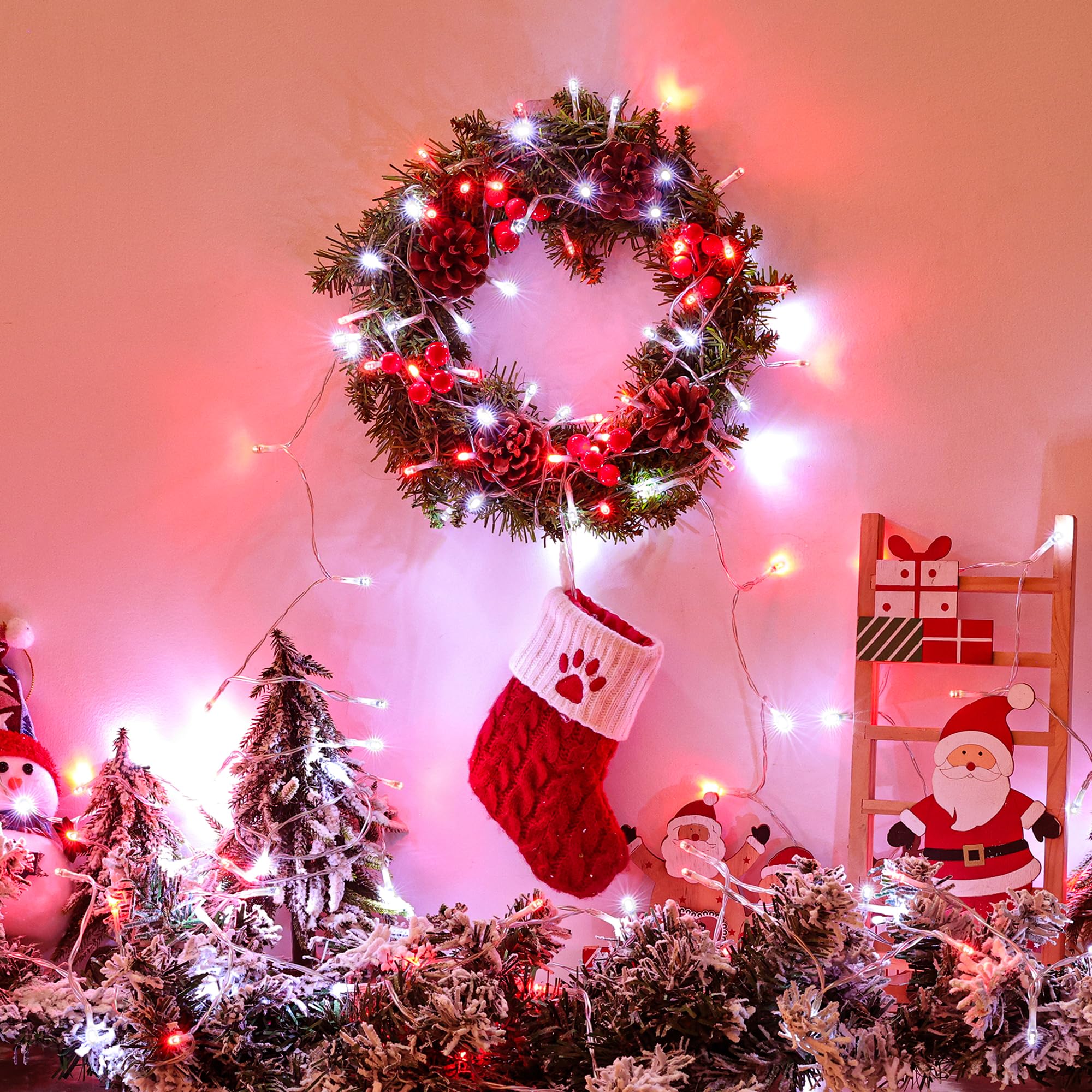 Lomotech Battery Operated Christmas Lights - 4 Pack Total 66Ft 200Leds String Lights 8 Modes Waterproof With Timer For Home  Garden  Party  Holiday  Tree Decoration (Clear Wire  Red & White)