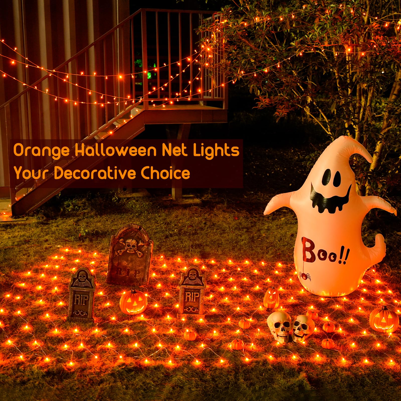 JMEXSUSS Orange Halloween Net Lights, 360 LED, 12ft x 5ft, 8 Modes, Waterproof, Remote Connectable, Model EXS-N-0360-R