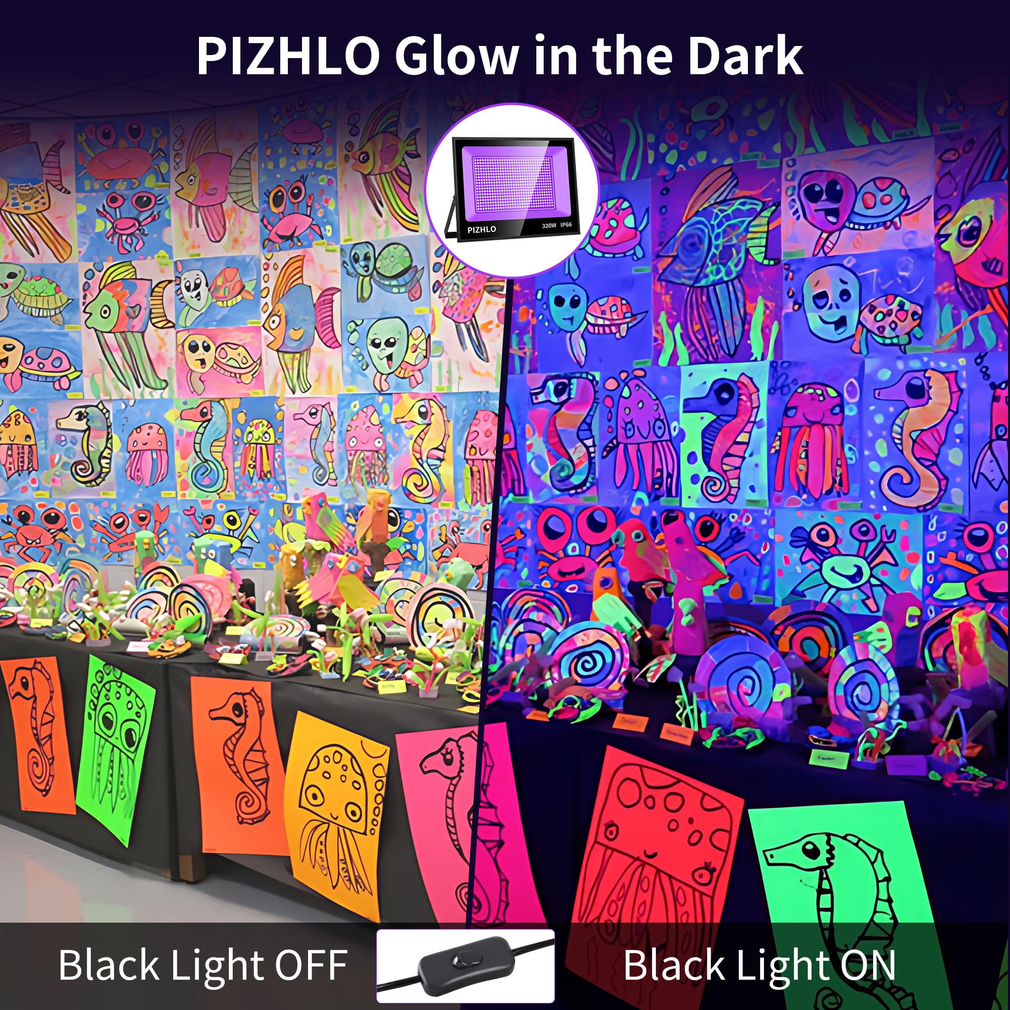 PIZHLO 320W LED Black Light Floodlight, IP66 Waterproof, 2 Pack, for Halloween, Body discomfort-reducingt, Neon Glow, Black