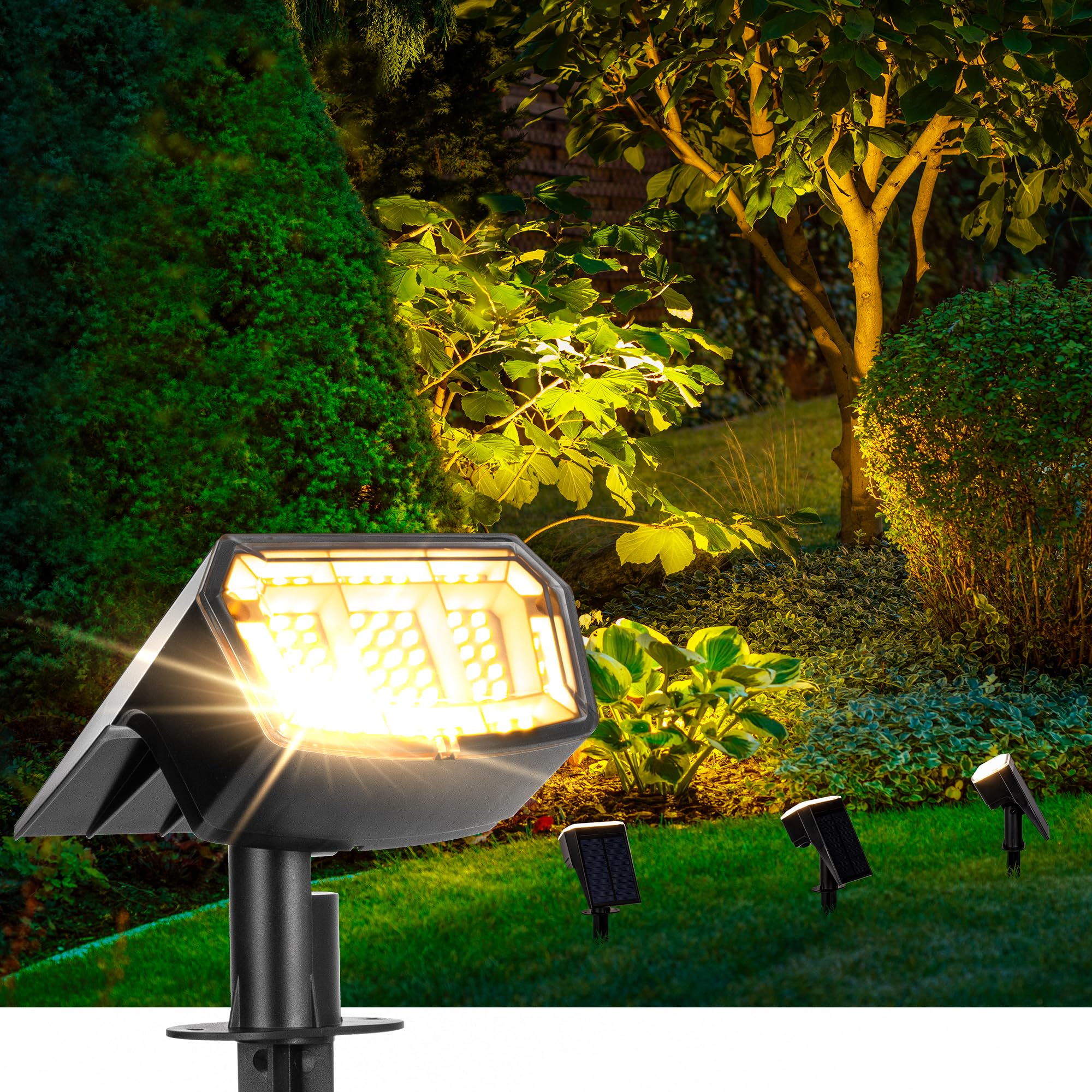 AUDERWIN Solar Spotlights, 63 LEDs, 3 Lighting Modes, IP65 Waterproof, Warm White, 4 Pack, Model 8796
