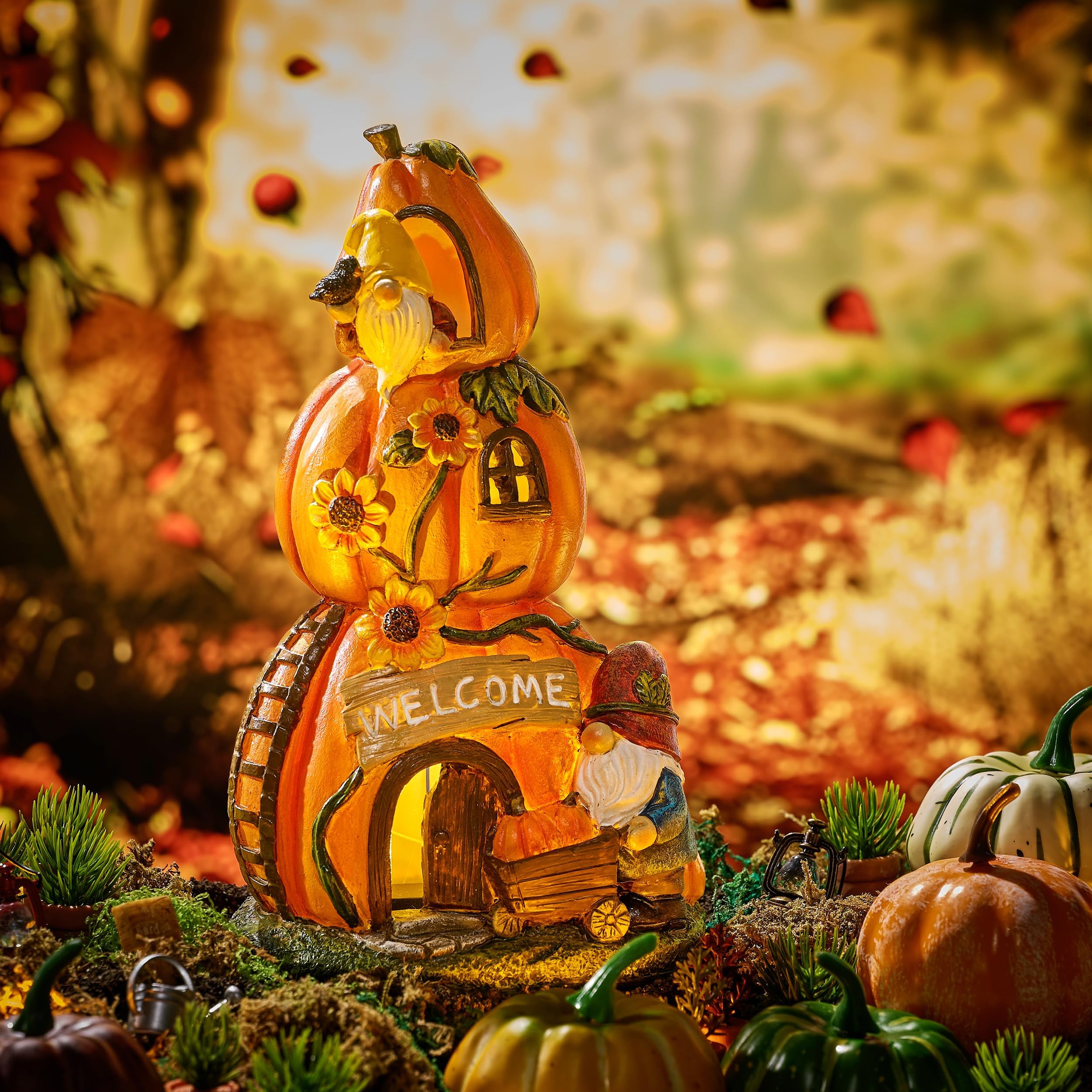 Teresa'S Collections Outdoor Solar Pumpkin Decor - Resin Fairy Garden Gnomes For Fall & Thanksgiving