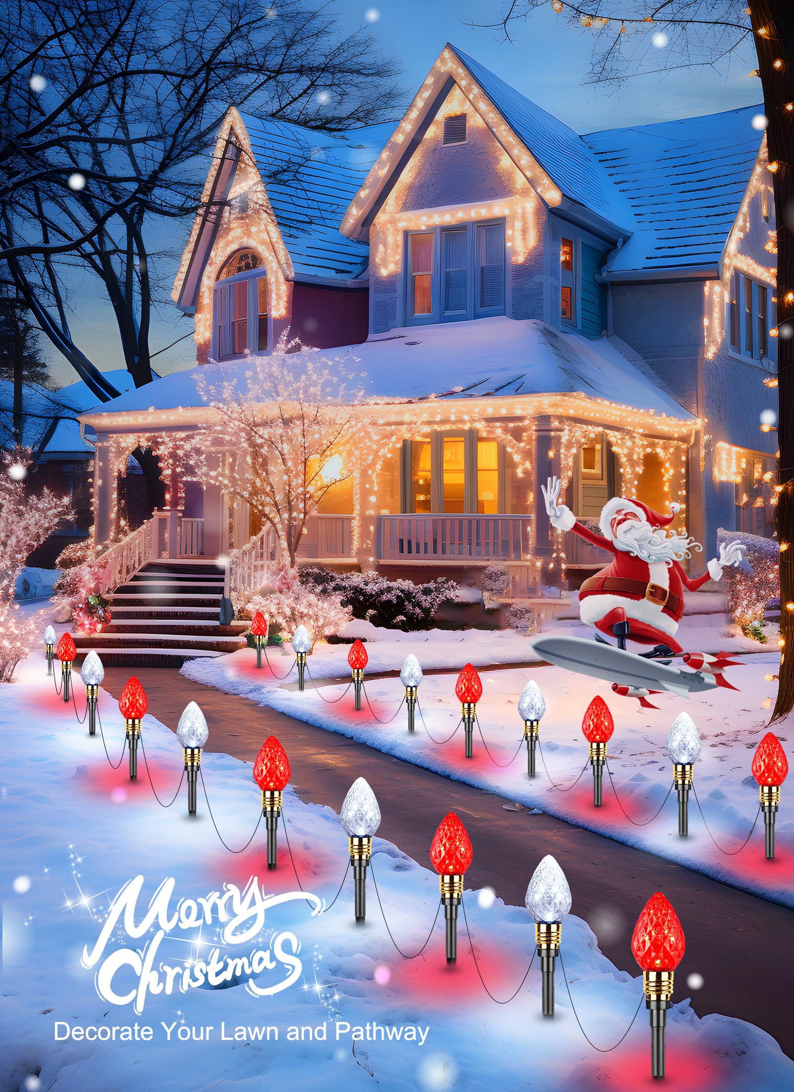 Brightown 2 Pack Strawberry C9 Christmas Pathway Lights Outdoor - Total 34.8 Feet 20 Led Christmas Walkway Lights, Christmas Lig