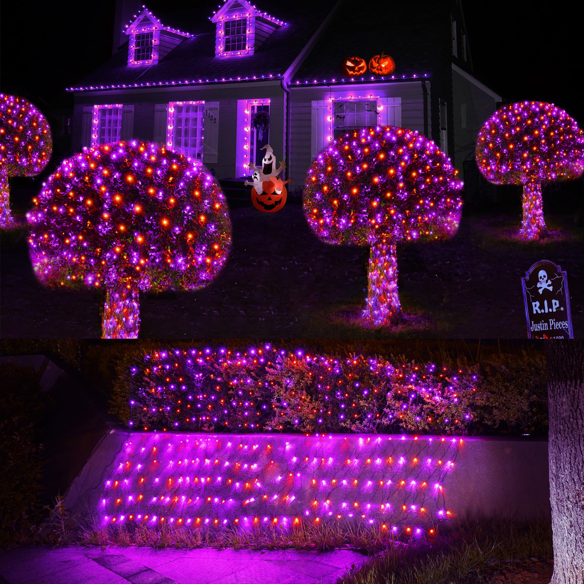 Wbao Halloween Lights Outdoor 200Led 8.4Ft X 5.2Ft Orange Purple Halloween Net Lights With 8 Modes  Timer  Connectable  Waterproof & Dark Green Wire For Lawn  Bushes  Trees  Outdoor Holiday Decor