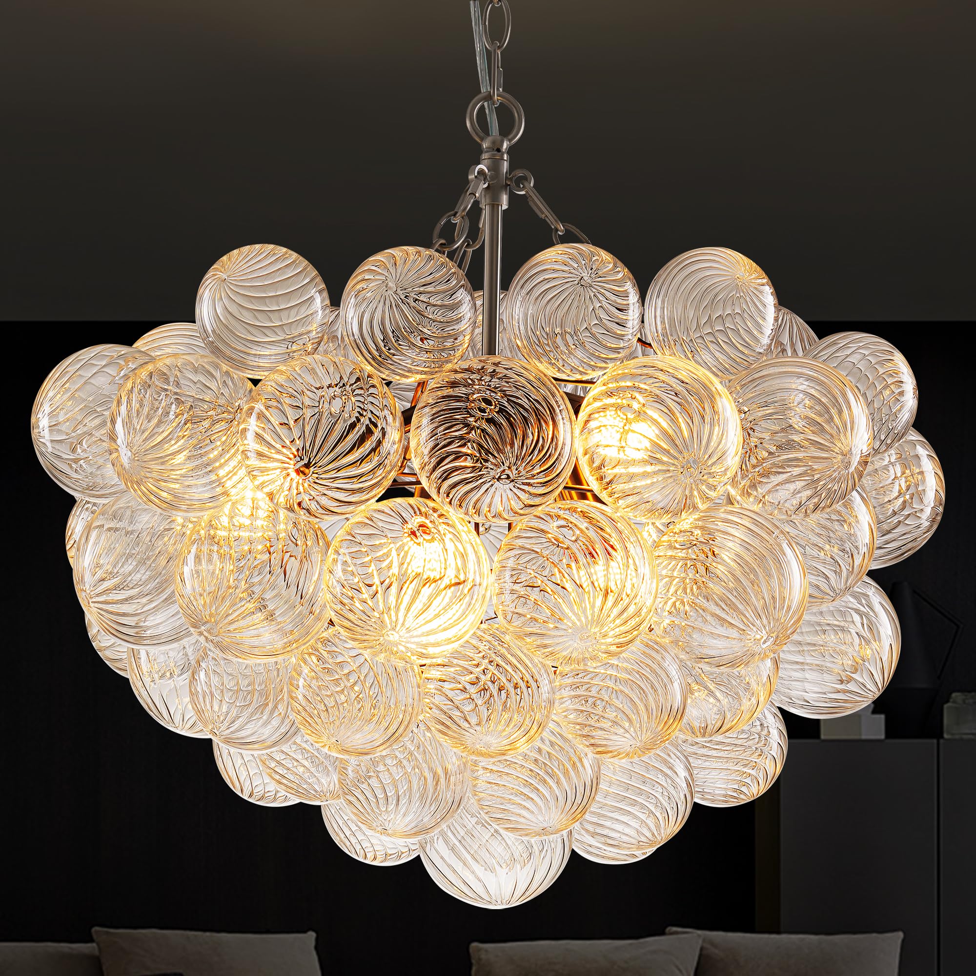 BeyPan Bubble Ball Glass Chandelier Brushed Nickel 24'' Dia Clear Ribbed Blown Glass Swirled Globe Pendant Light Fixture for Din