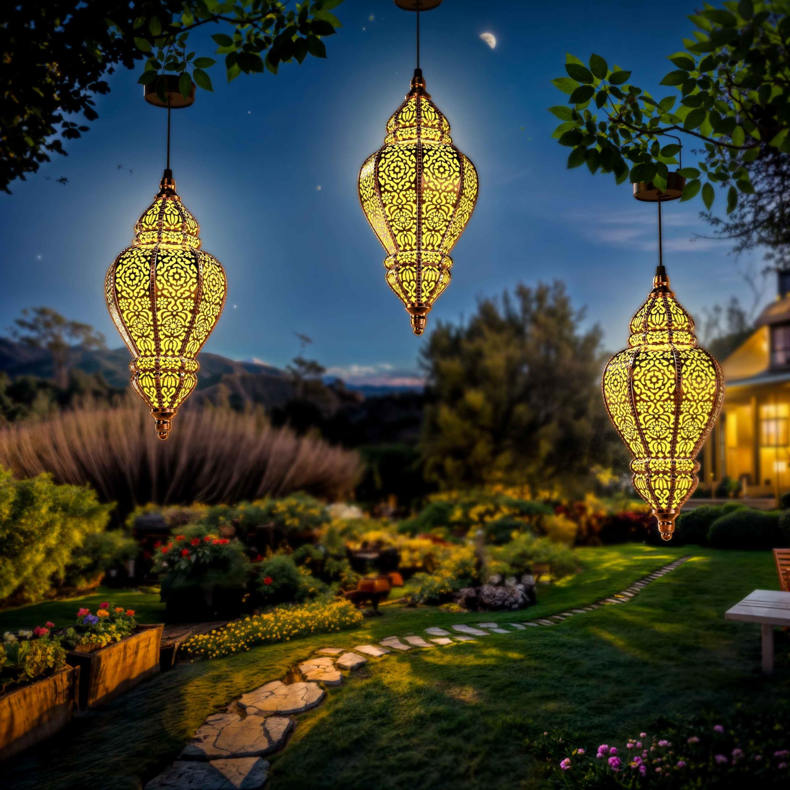 Hapjoy Moroccan Hanging Solar Lights Outdoor Lantern Bidirectional Availabili Garden Decor Waterproof Plastic Gold Decorations f