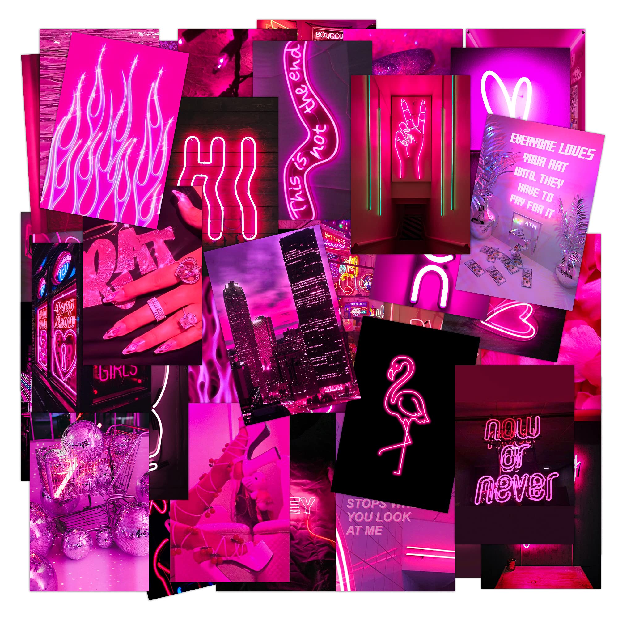 GROBRO7 50PCS Pink Neon Aesthetic Wall Collage Kit, Wall Art Collage Kit, Aesthetic Posters for Dorm Wall Decor, Wall Art Print