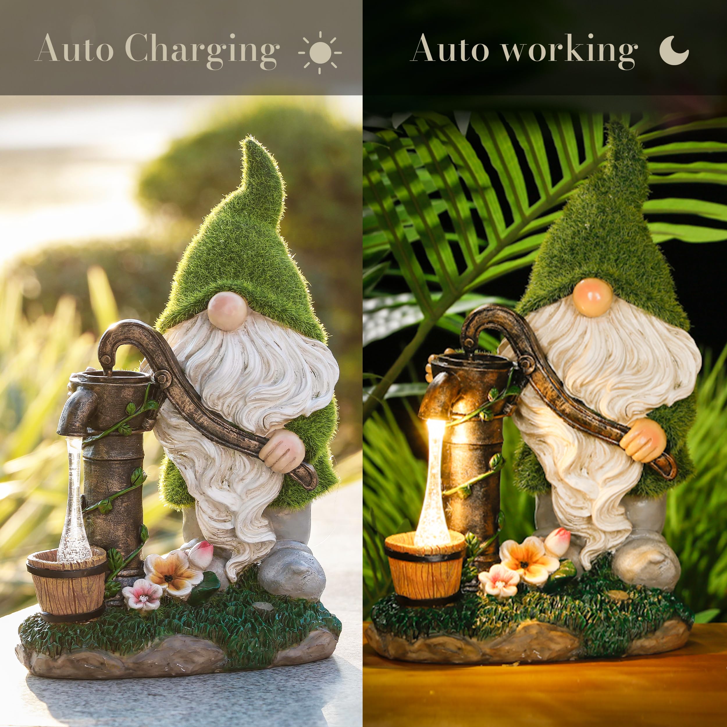 TERESA'S COLLECTIONS Garden Gnome Decor with Solar Lights, 9" Green Resin Outdoor Ornament for Porch & Patio