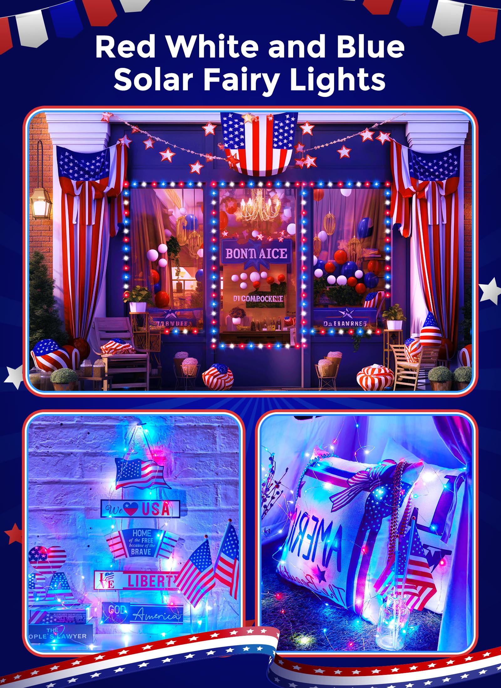 Solar String Lights for Outside, 33Ft 100 LED Outdoor Solar Red White and Blue Lights, 8 Modes 4th of July Lights for Tree Patio