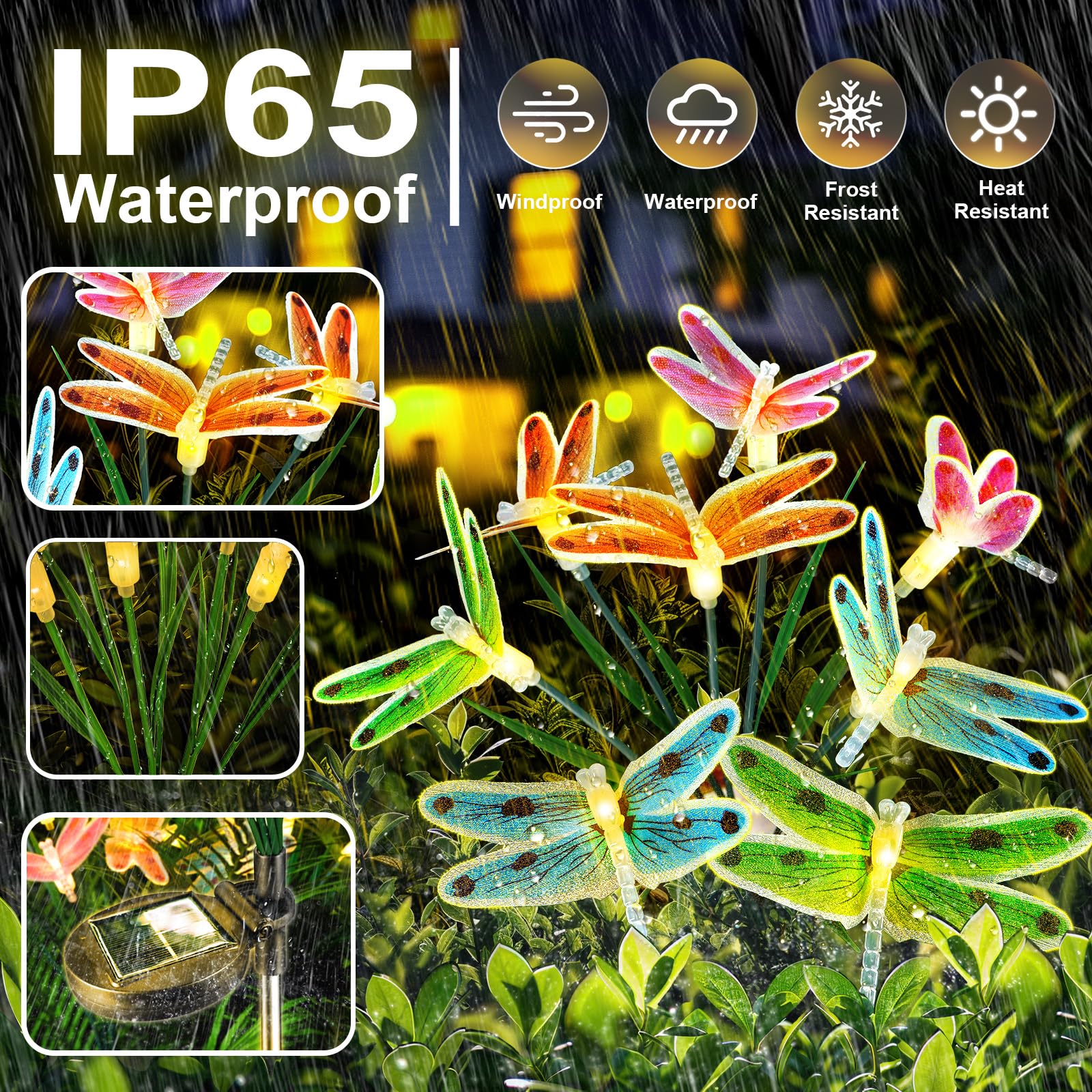 Anordsem Solar Garden Lights Outdoor: 8 Removable Fiber Optic Fabric Dragonflies 4 Pack - Waterproof Fun Animal Decoration For Yard Patio - Gardening Gifts For Garden Lovers