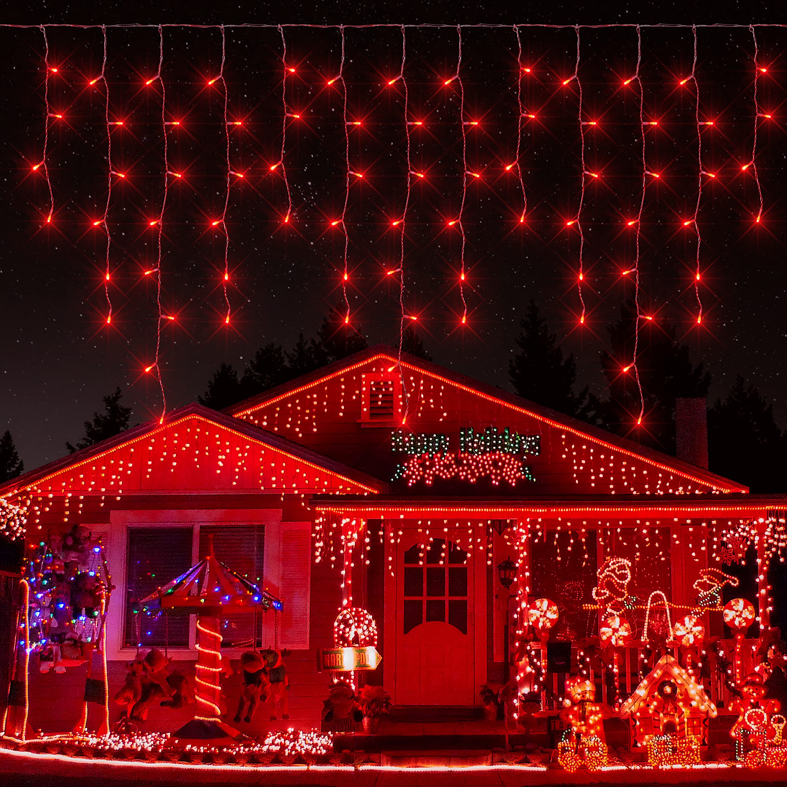 Qunlight 300L Led Icicle Lights, Red Window Curtain Lights,8 Modes With 30V Plug In For Wedding, Party, Bedroom, Home, Garden, Outdoor, Indoor Wall,Christmas Decorations,Connectable