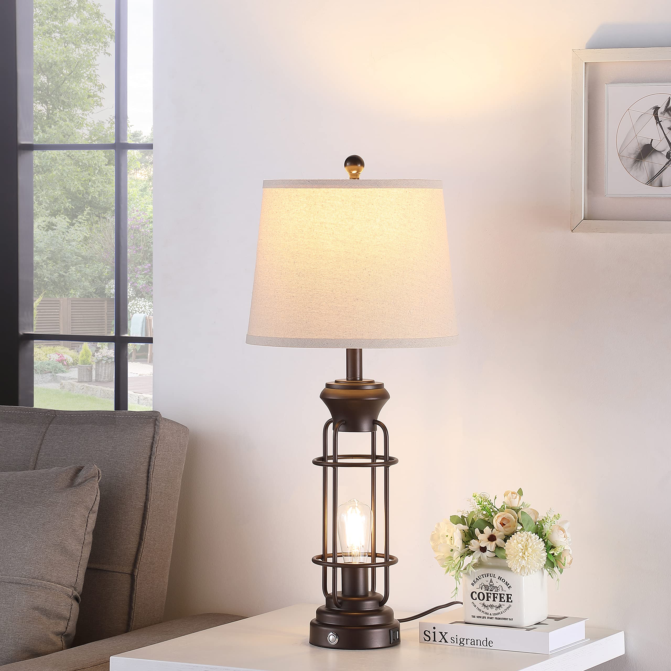 Table Lamp For Living Roon Set Of 2, 29.3" Tall Farmhouse Table Lamp With 2 Nightlight Bulbs, Oil Rubbed Bronze Bedside Lamp With White Oatmeal Lampshade For Living Room Bedroom, Bulbs Included