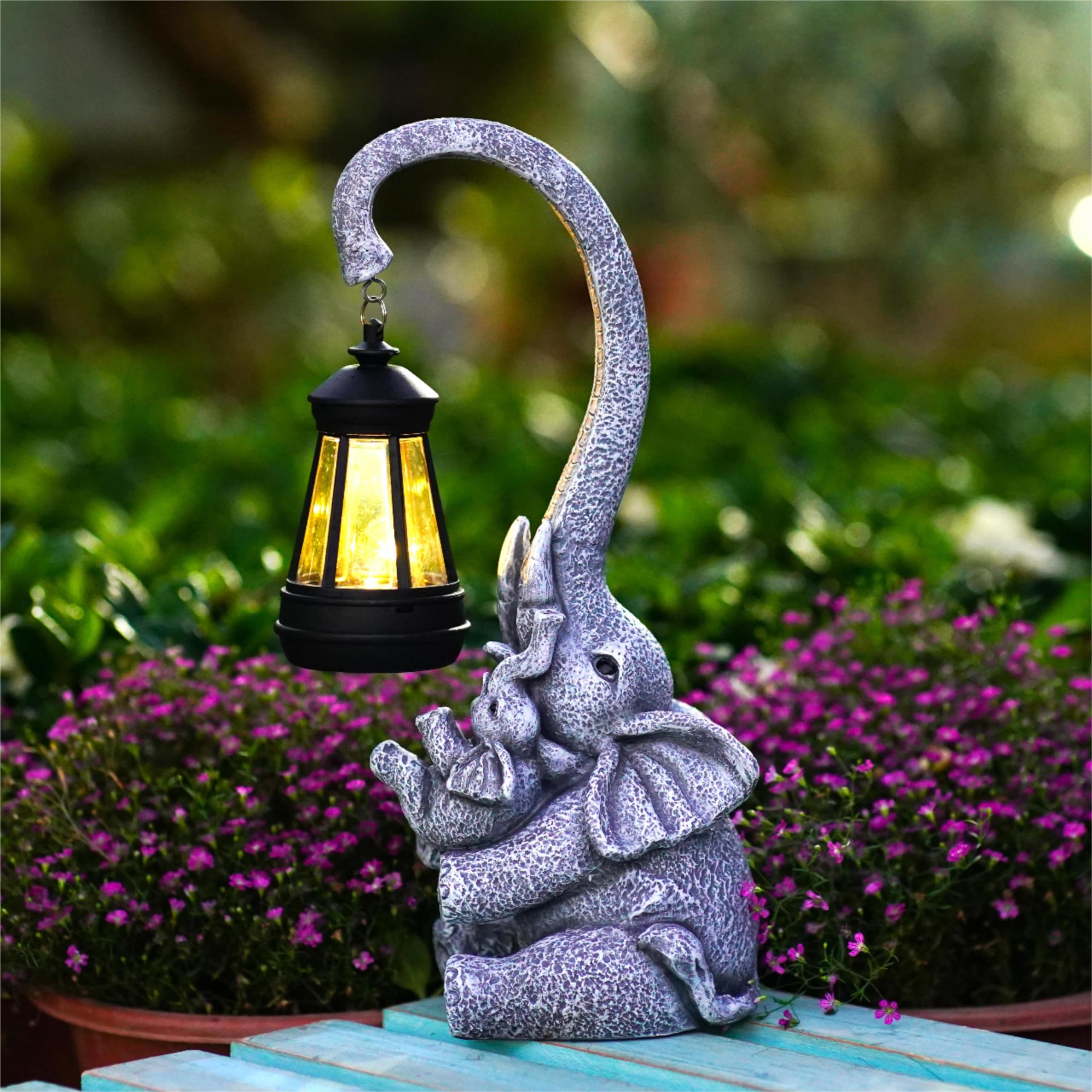 Pohabery Elephant Outdoor Statues With Cute Baby Garden Decor, Resin Elephant Figurines With Solar Lantern Outdoor Decoration Gi