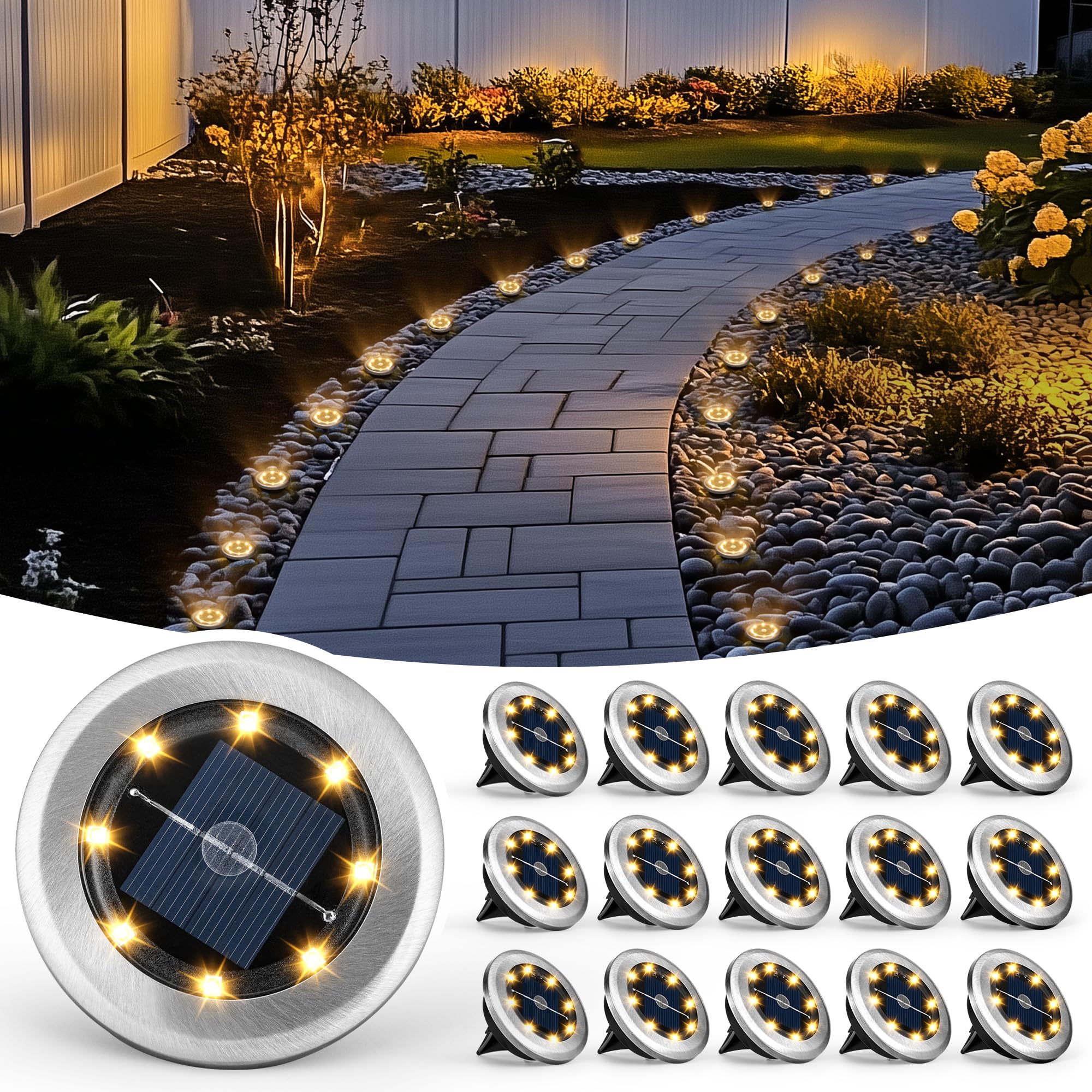 PATIOWIN Mini Solar Ground Lights, 16 Pack Solar Garden Lights, Solar Powered Pathway Lights Warterproof, Outdoor Lights for Dri