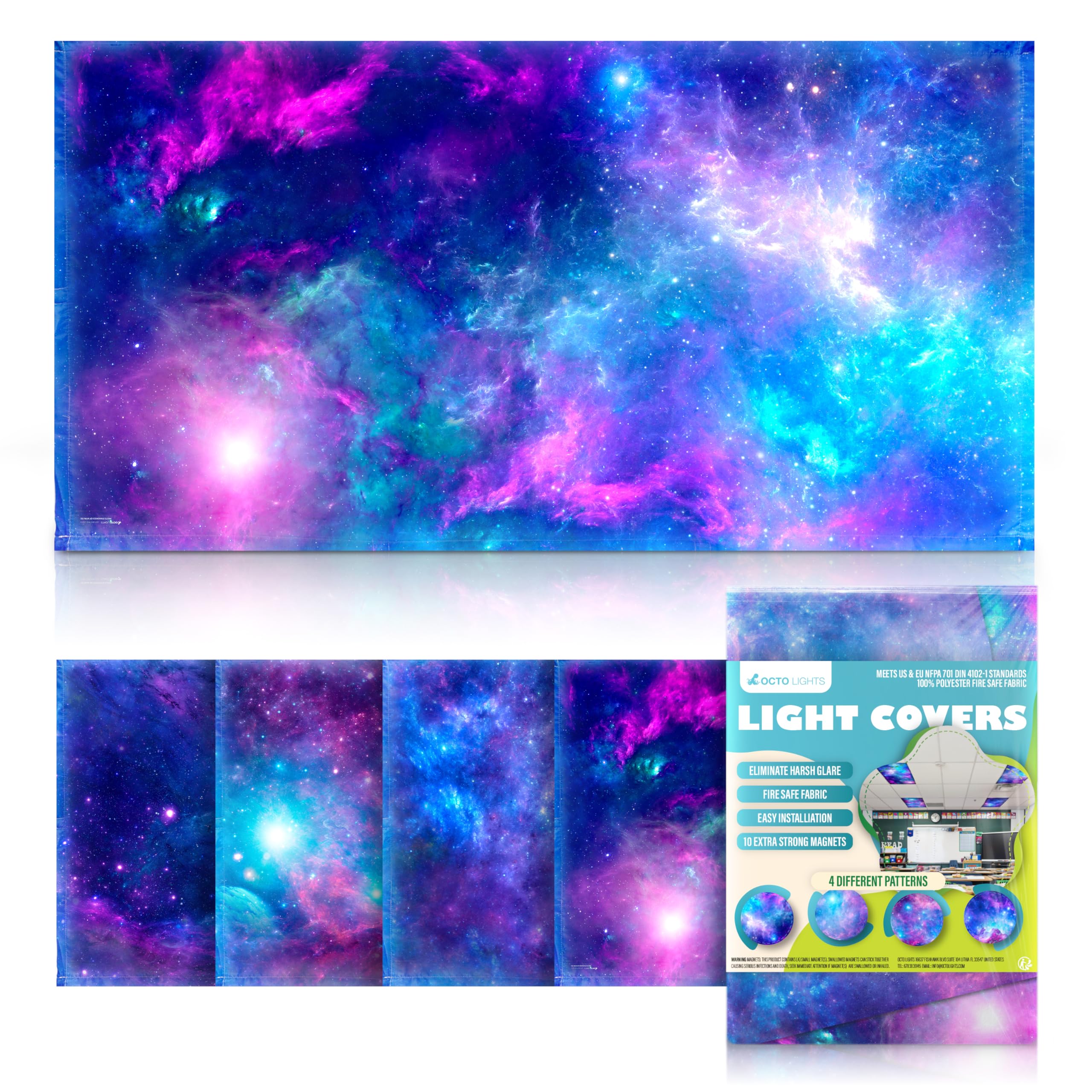 OCTO LIGHTS Magnetic Fluorescent Light Covers - 2x4, 100% Polyester, Purple Nebula, Model Star 001, Pack of 4