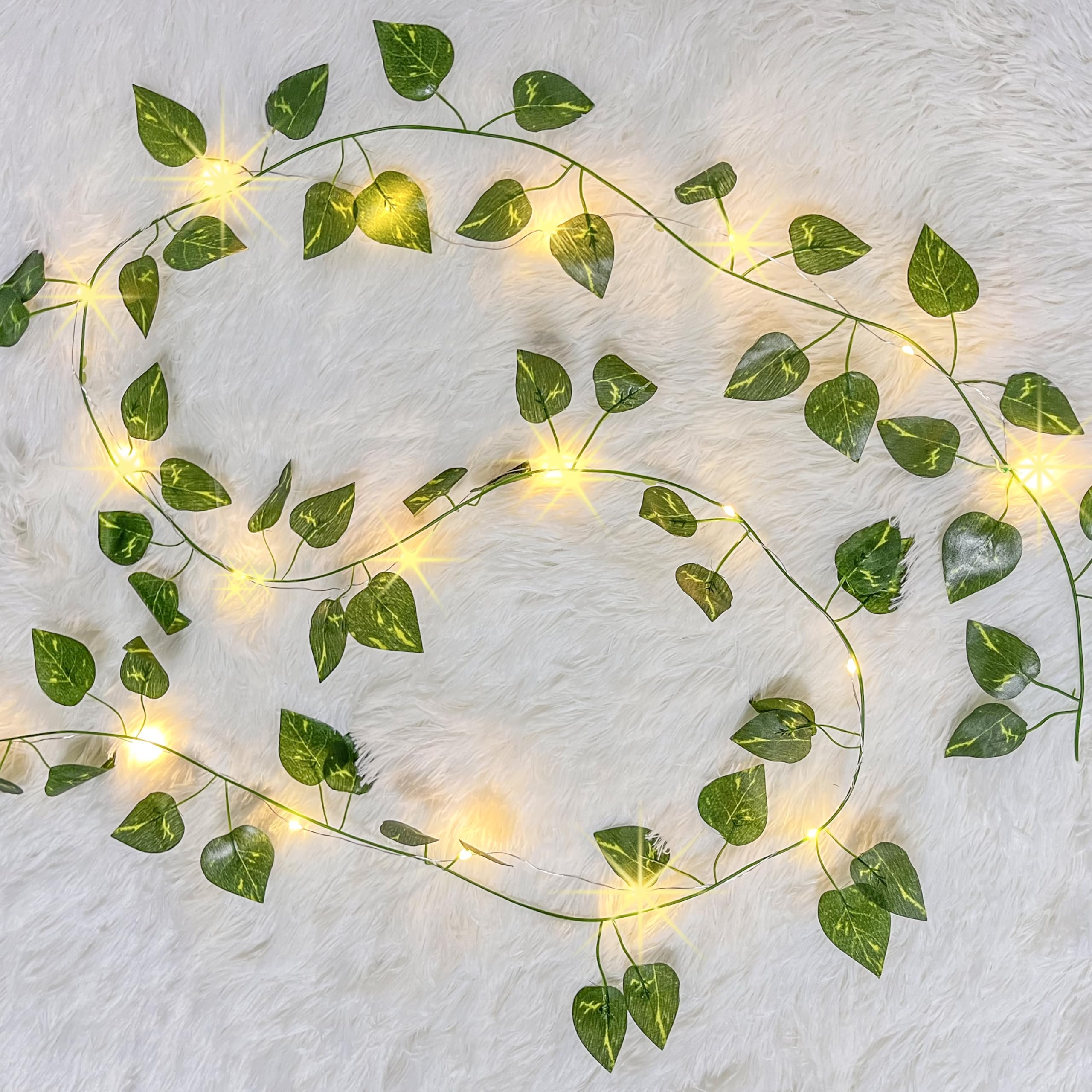 MVOVM LED Fairy Lights Vine, 20 Lights, 6.6ft Pothos Garland, Green, Artificial Hanging Plant Decor for Bedroom, Wedding, Party