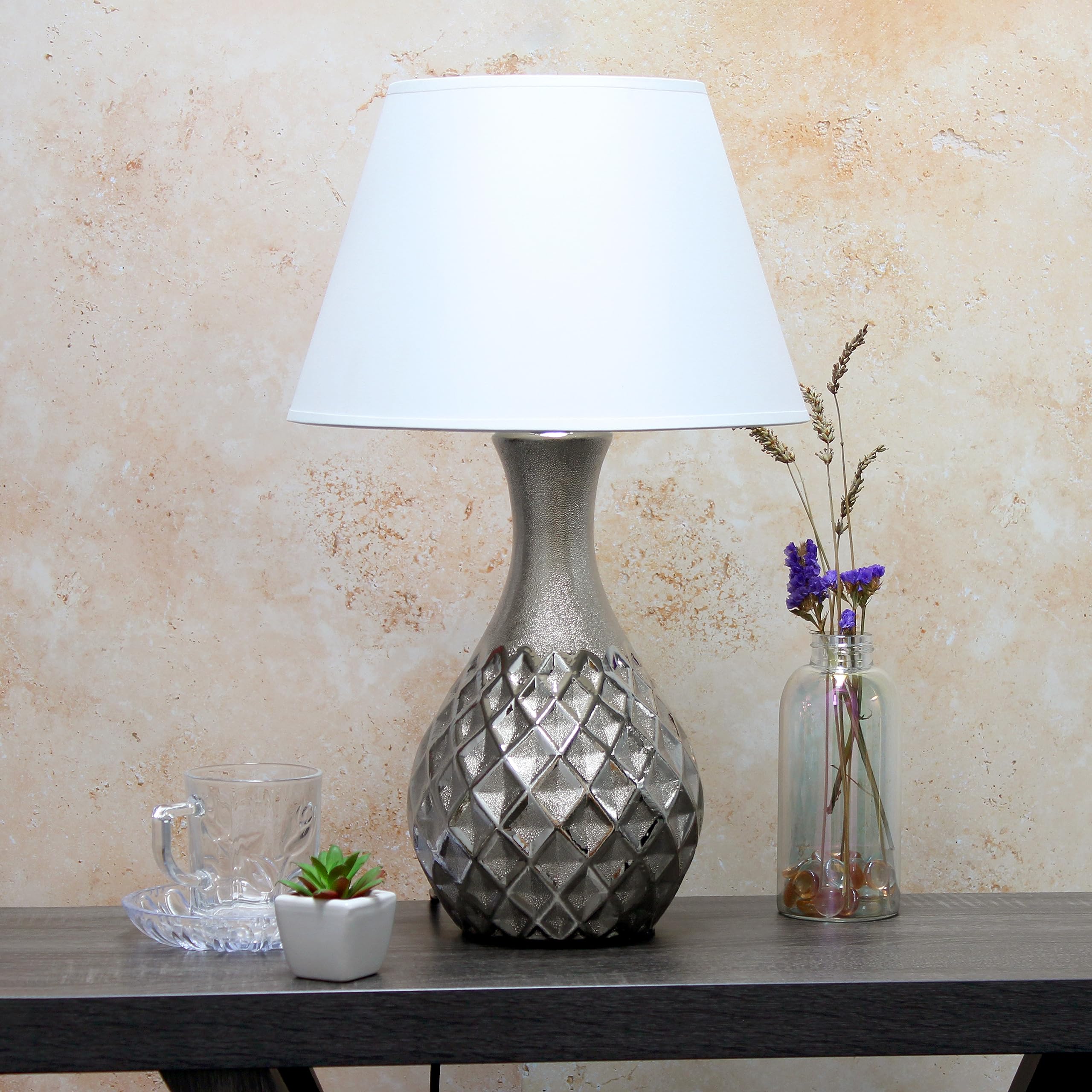 Elegant Designs Lt2041-Msv Juliet Vase Decorative Ceramic Table Lamp With Metallic Silver Base And White Fabric Shade