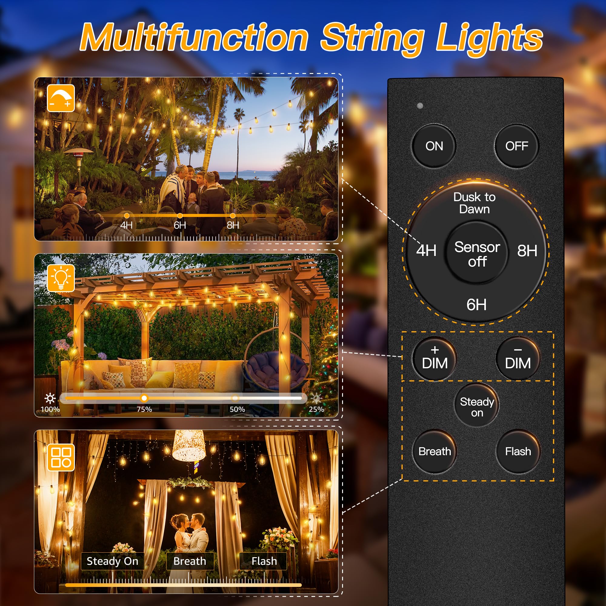 Ollny S11 100Ft Outdoor String Lights With Remote, Plug In Waterproof Connectable 3 Modes Dimmable Timers Patio Lights With 48+2