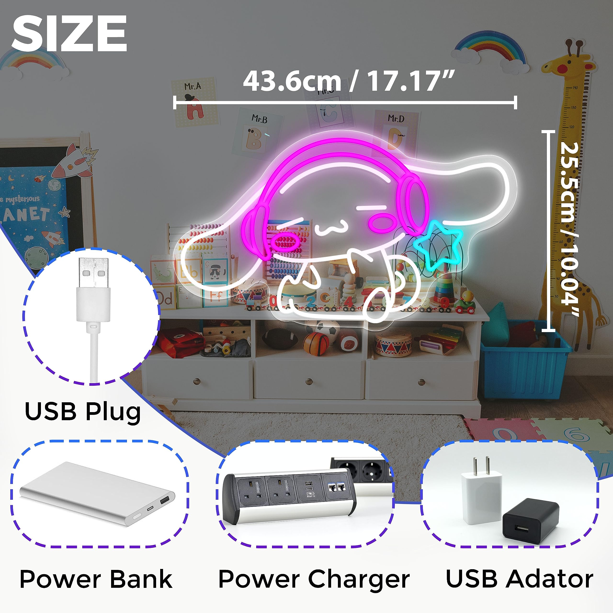 JOSEBRU CinnamoRoll Neon Sign for Wall Decor, 17.17x10.04 inches, Pink+White+Ice Blue, Anime Light, Model CinnamorollB