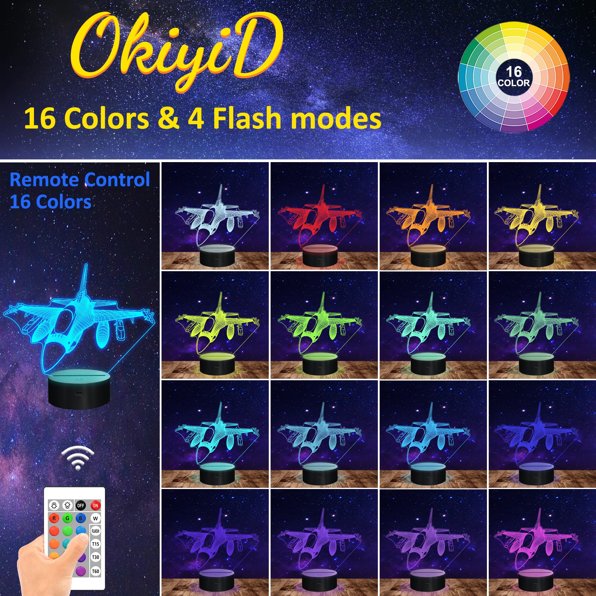 OkiyiD Airplane Model Gifts for Boys Men Pilot, 16 Colors Airplane Night Light for Aviation Lovers Room Decor, F-16 Fighting Fal