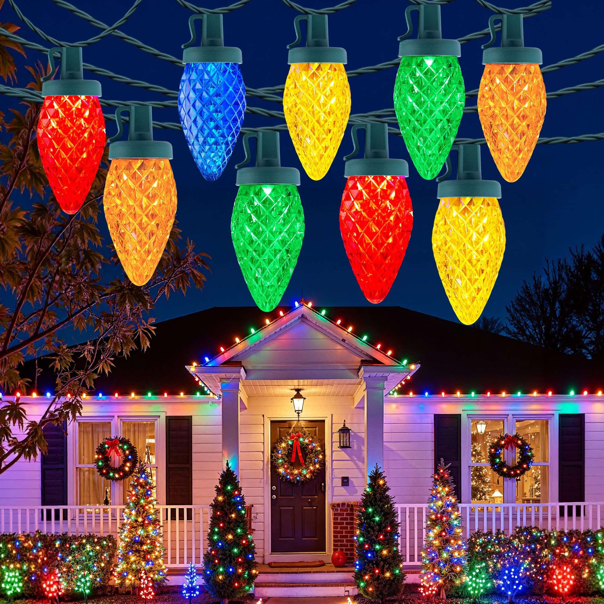 Brightown C9 LED Christmas Lights, 97ft, 150 Waterproof Multicolor String Lights, Vintage Outdoor Decorations, Model 5-150/3F/C-033