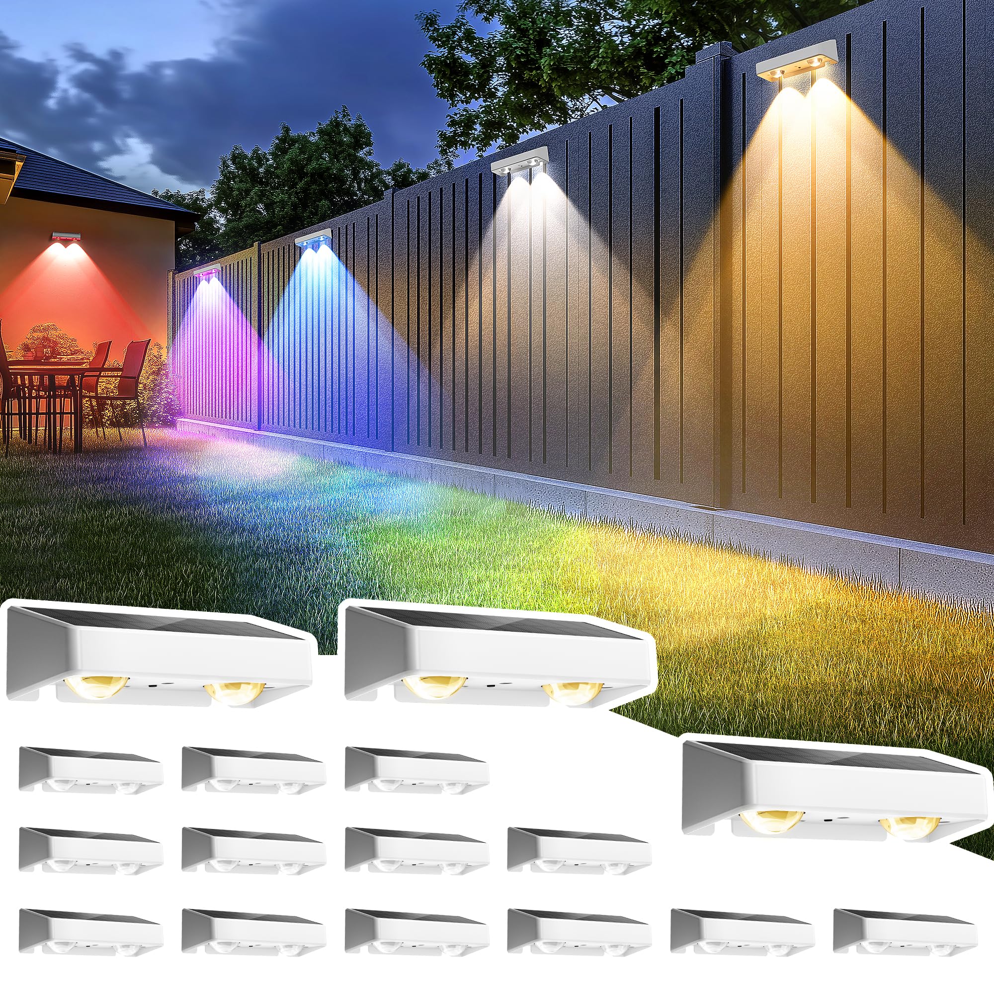 SOLPEX Solar Fence Lights, 9 Fixed Colors & Color Changing, Waterproof IP65, 16 Pack, LED Deck Lighting, White, Model 9919