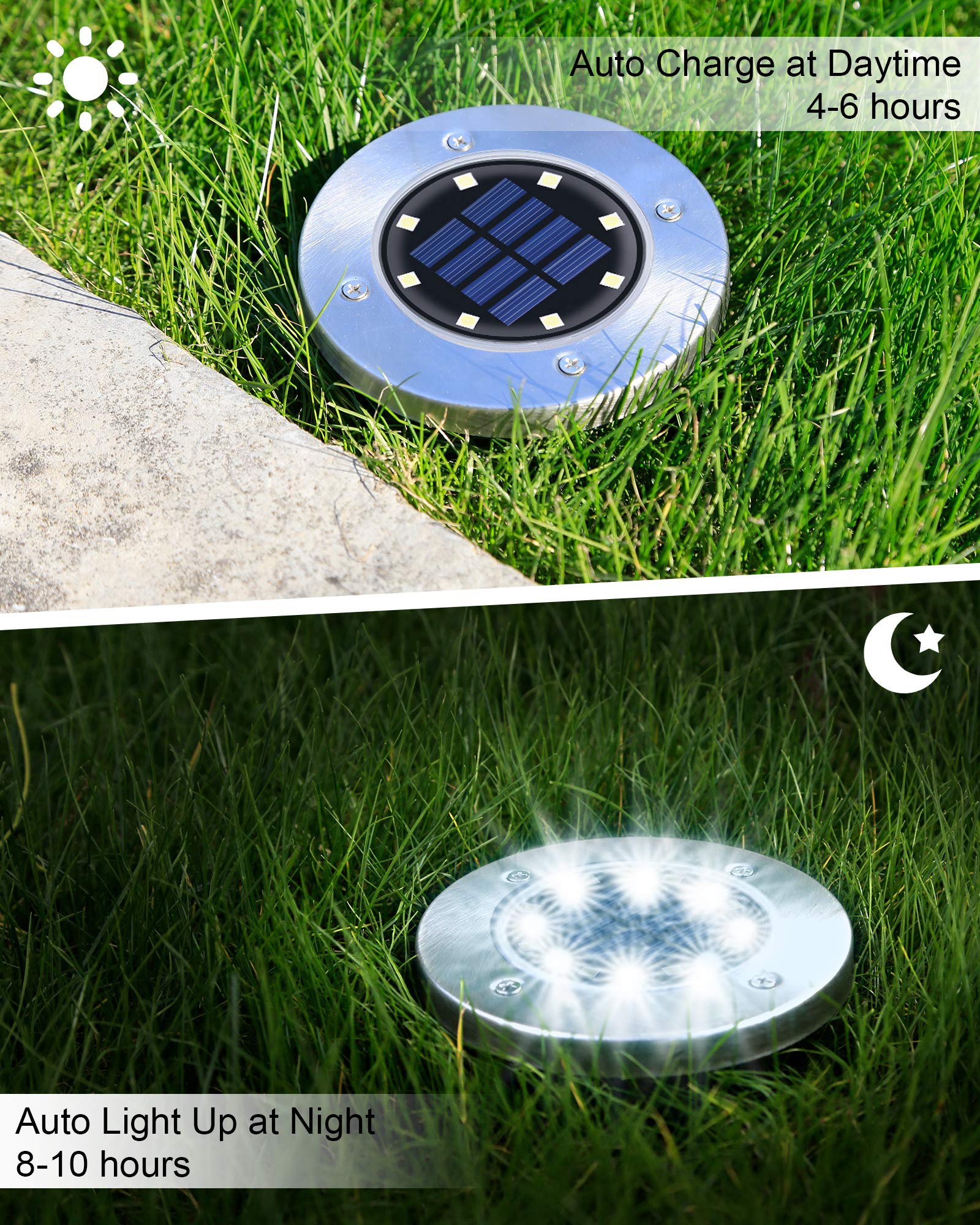 Ufond 8 Pack Solar Ground Lights, Outdoor Waterproof Solar Garden Disk Lights For Patio Pathway Yard, Landscape Lighting (Cold W