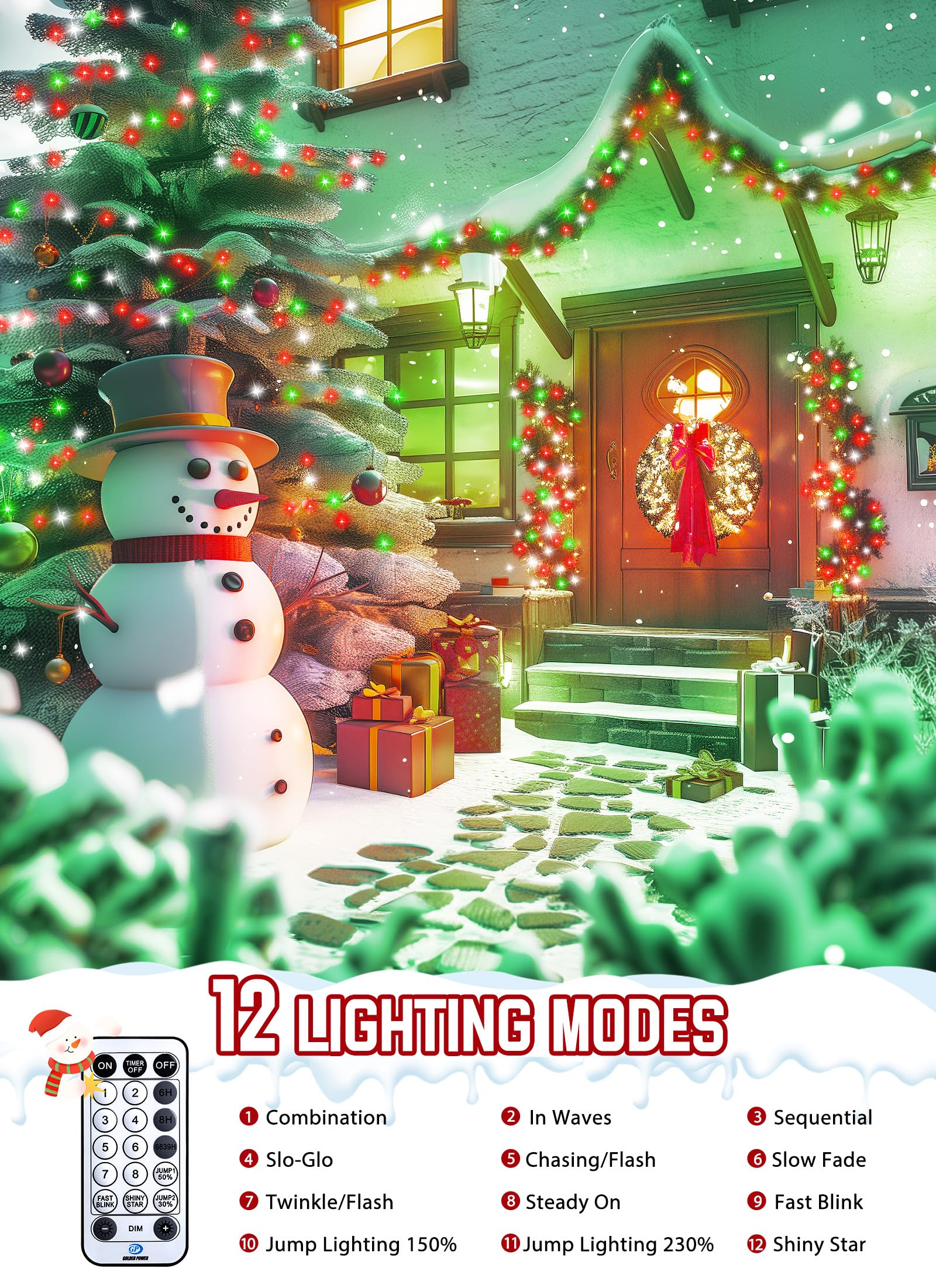 Brightown 2000 LED Christmas Tree Lights - 100 Ft Cluster String Lights, Red Green & Cool White, 12 Modes, Timer, Remote, Model GP-SW290DC0209