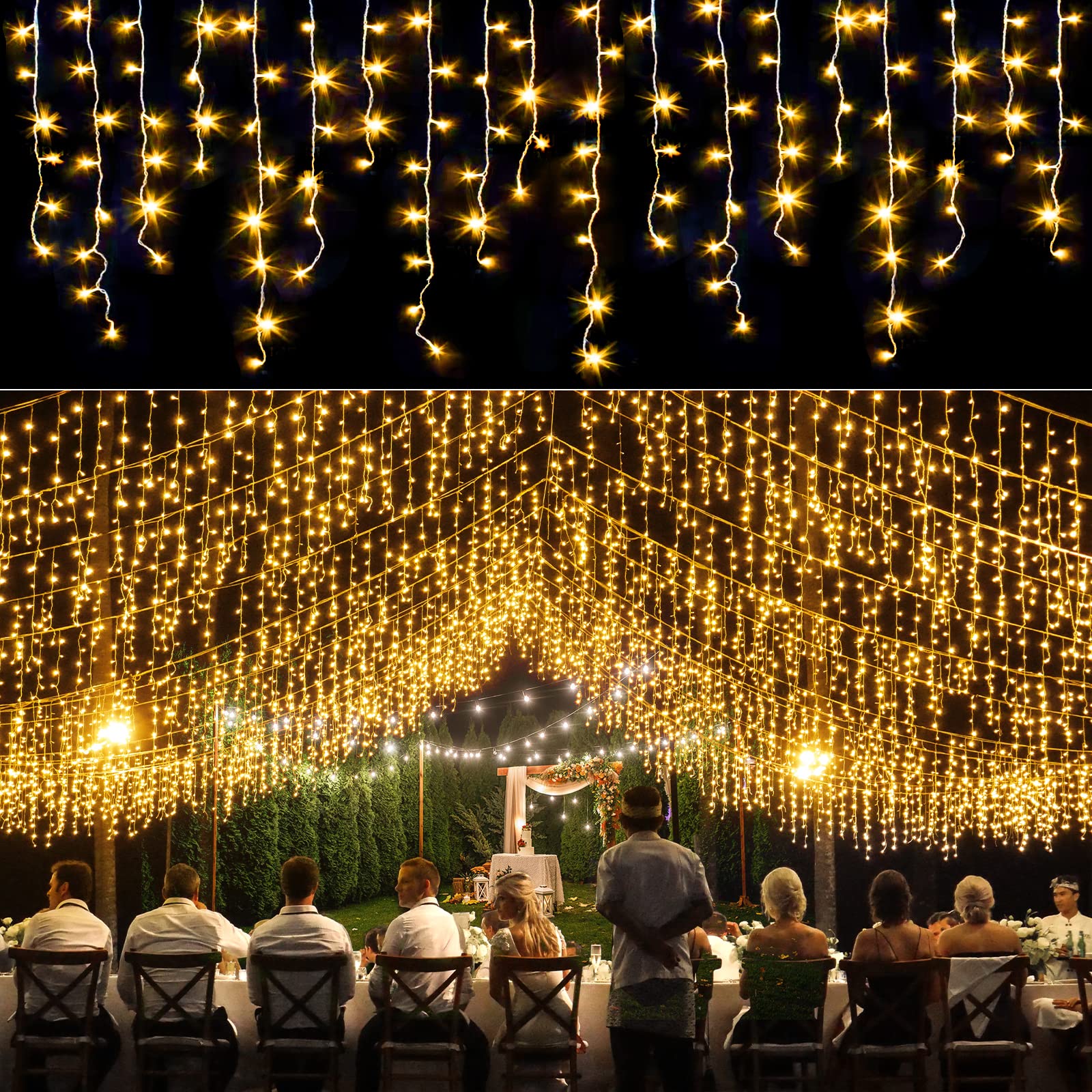 Nielfoi Icicle Lights Outdoor - 66ft 640LED Warm White Waterproof Curtain String Lights, 8 Modes, Model BG-CL3M3-306L01