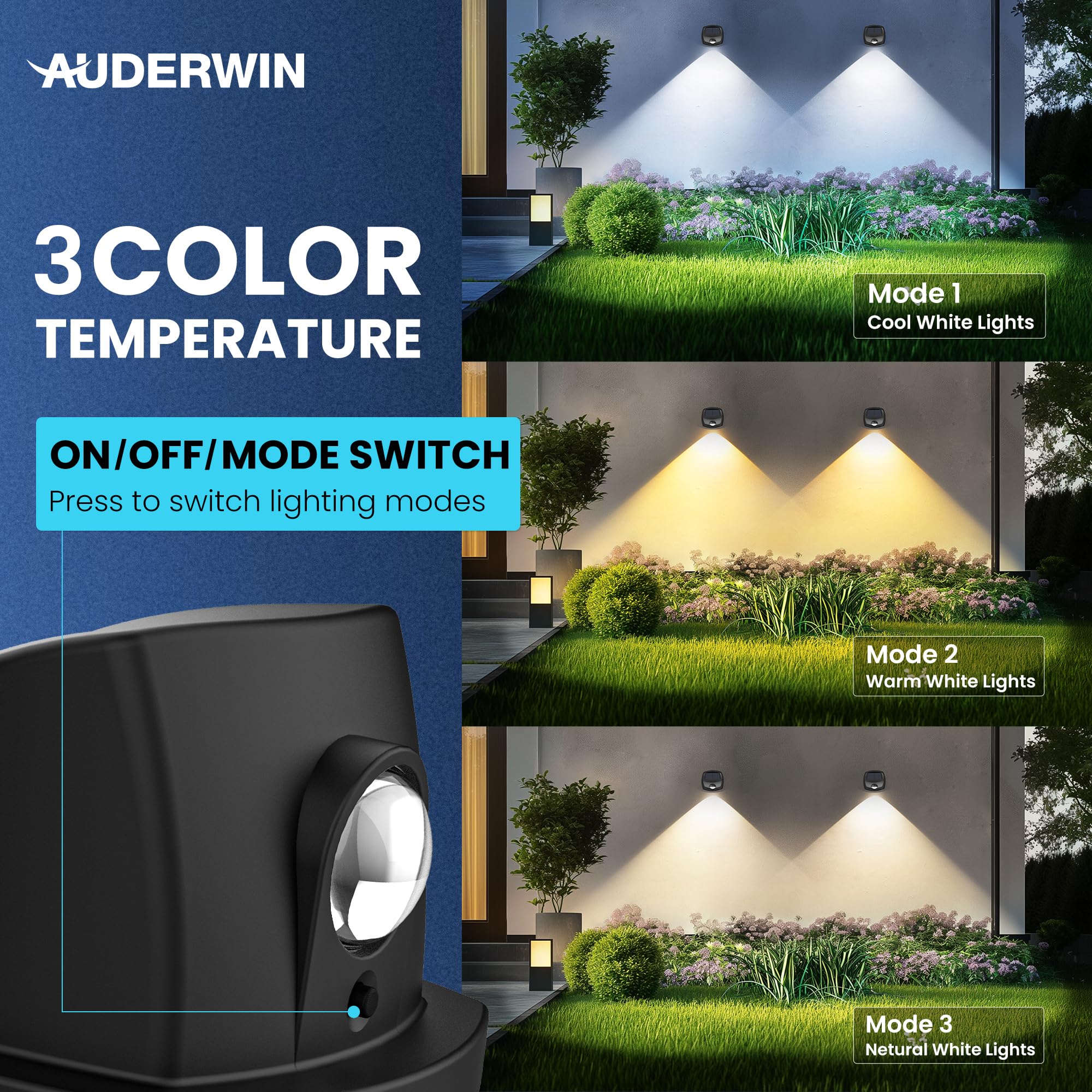 Auderwin Solar Fence Lights Outdoor Waterproof Ip65 Solar Wall Lights Outside Dual Color Led Solar Powered Fence Lights Outdoor