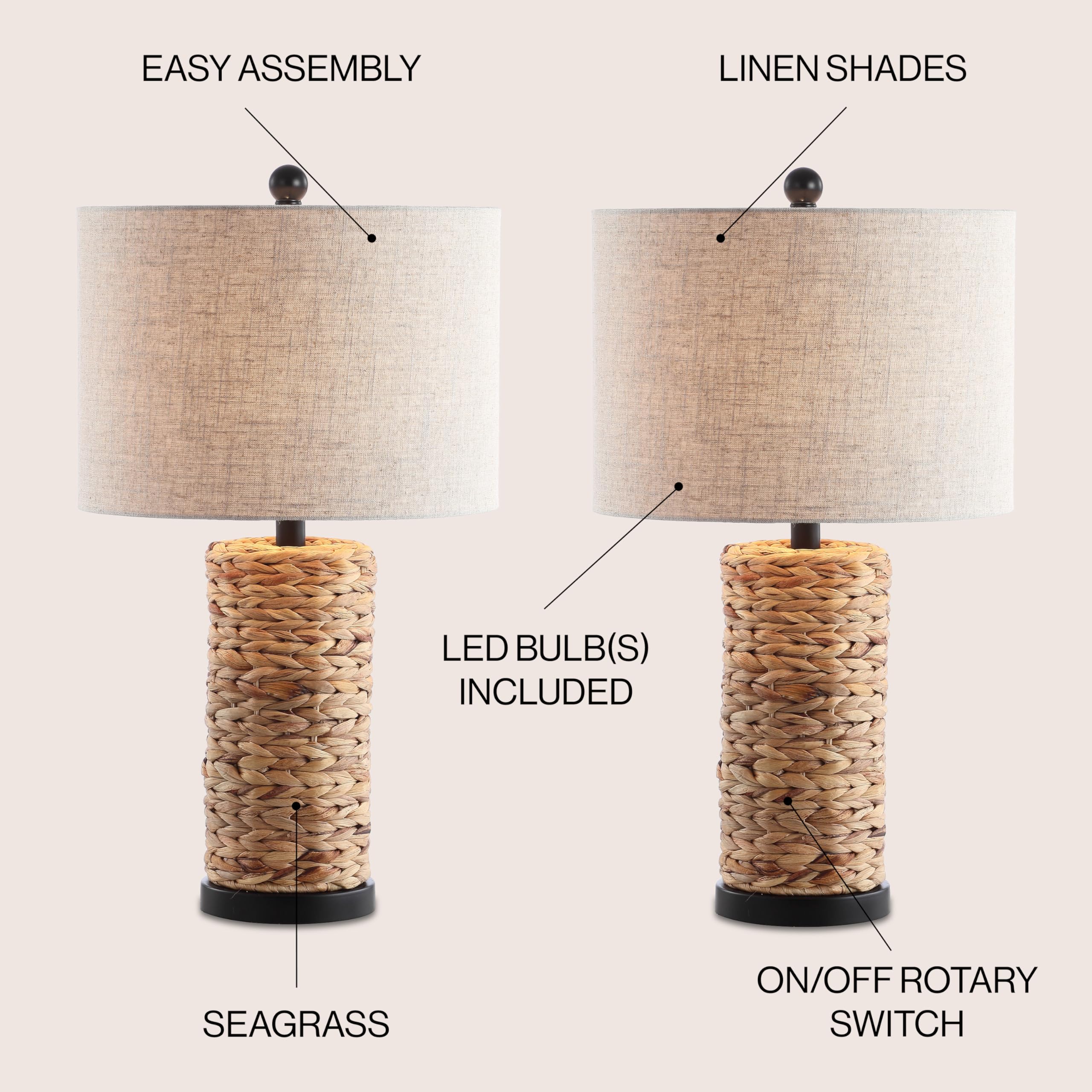 JONATHAN Y Set of 2 Table Lamps Elicia 25in Sea Grass LED Natural Model JYL6502A-SET2 for Bedroom, Living Room, Office