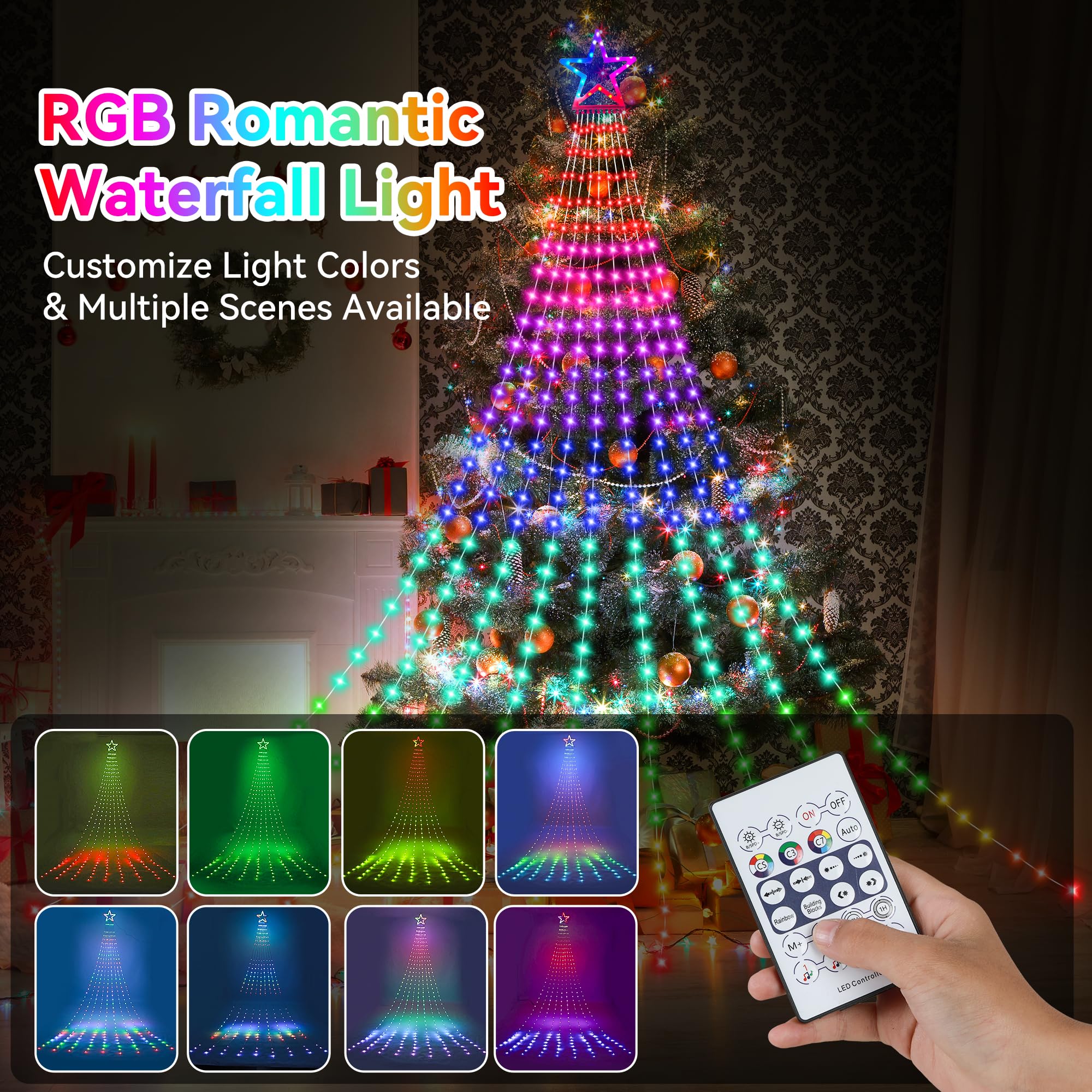 Christmas Decoration Rgb String Lights, Outdoor Color Changing Christmas Lights 320 Led 16.4 Ft Star Tree Topper Fairy String Li