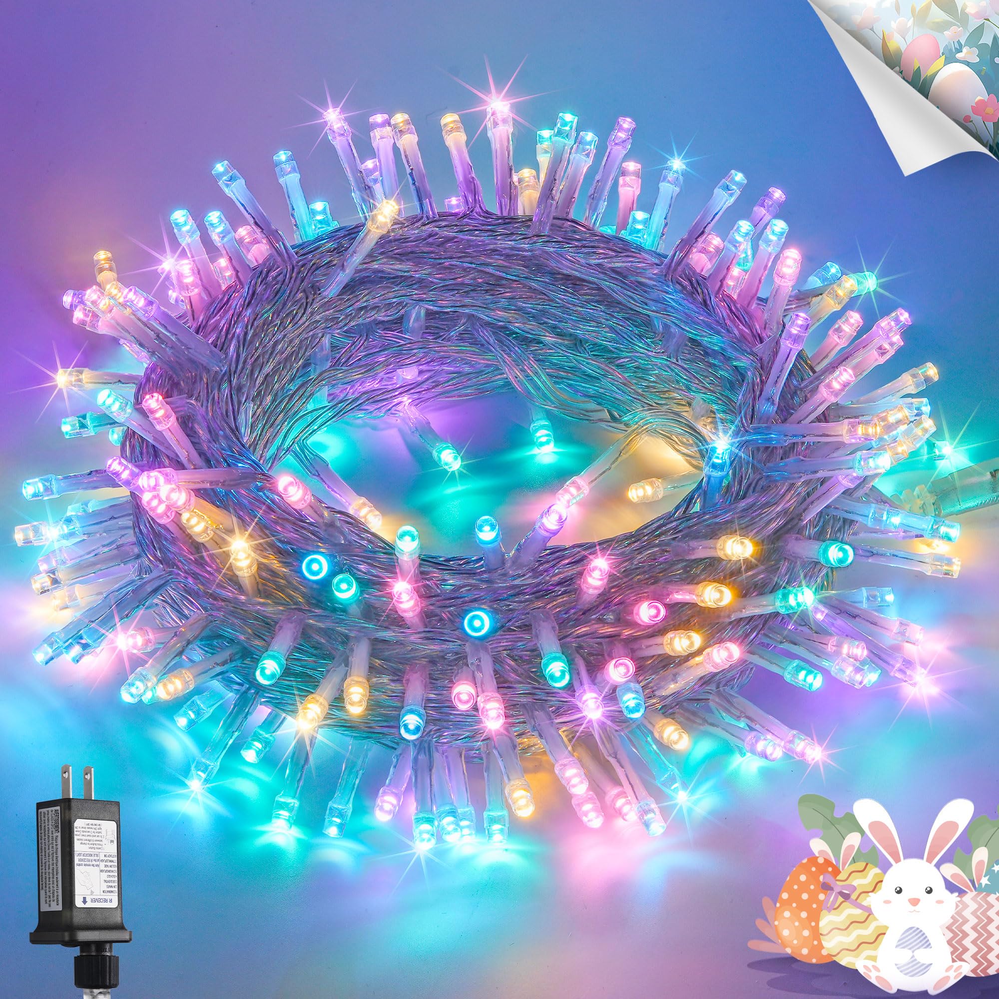 JMEXSUSS Easter Lights Multicolor Clear Wire Outdoor Indoor, 200 LED Multicolor Easter String Lights, 66ft Colorful Christmas Lights Plug in for Bedroom Tree Room Party Easter Decorations, EXS-S-0200