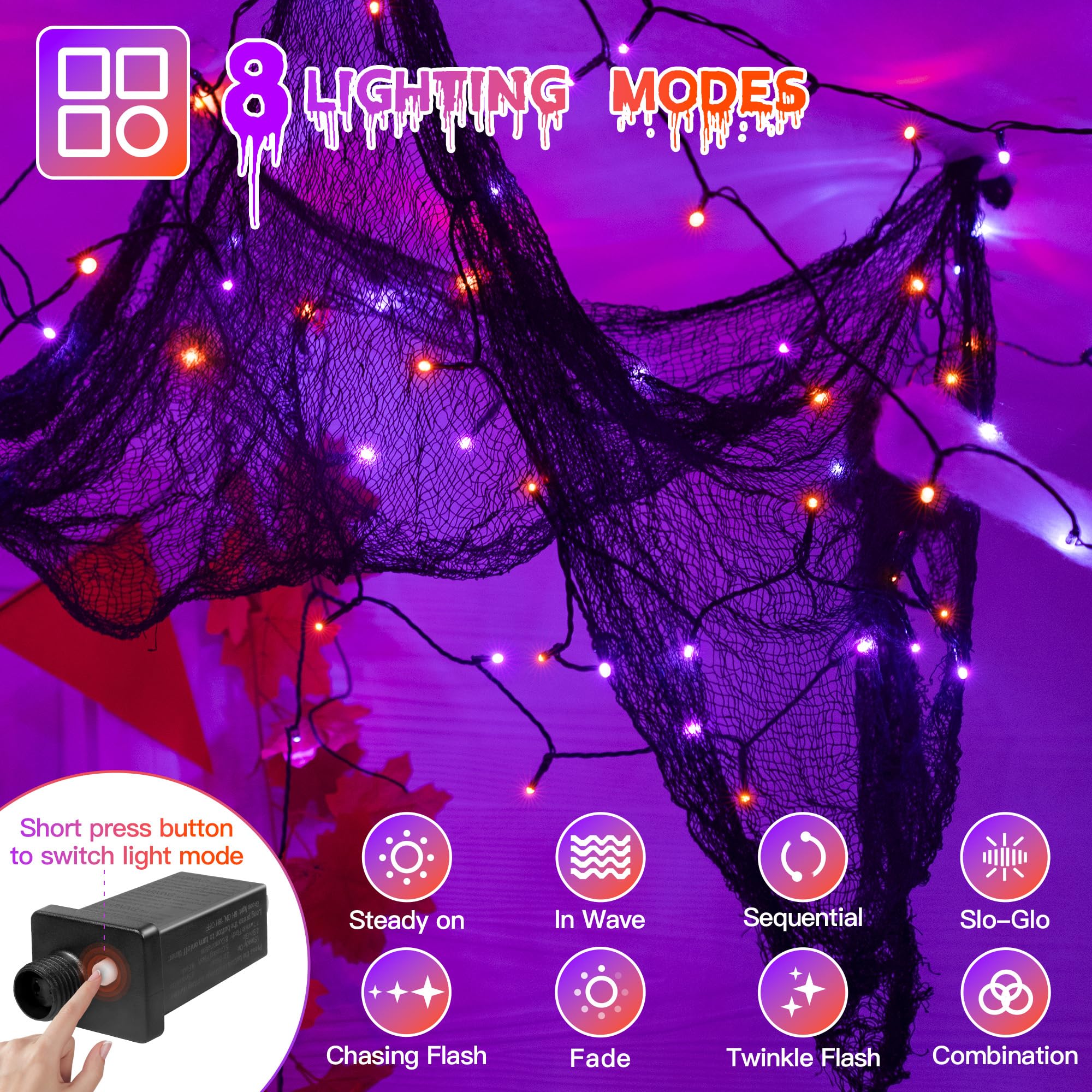 Guhope Halloween Lights, 200 LED Waterproof String Lights, 8 Lighting Modes, Orange + Purple, Model NYA0200C