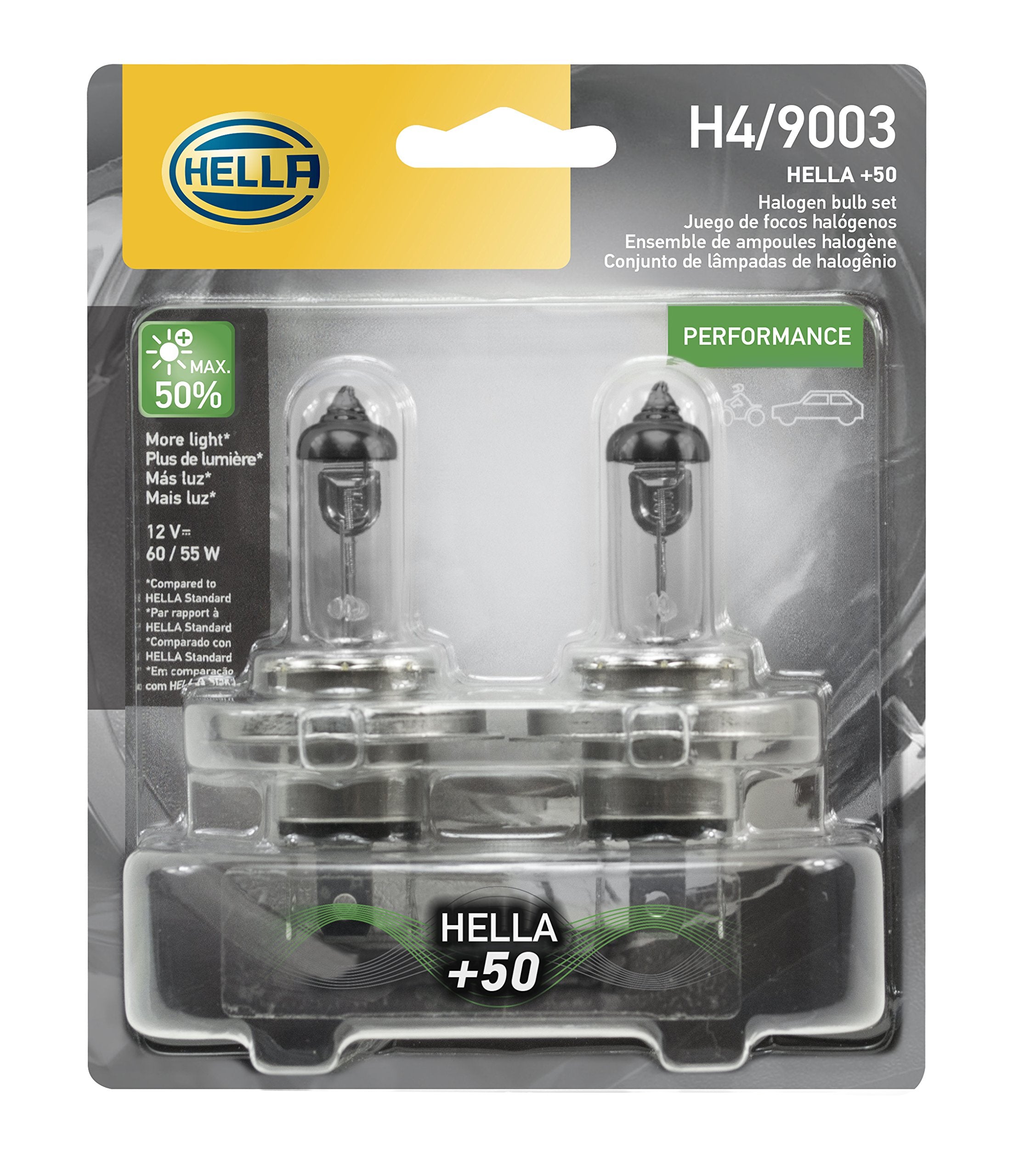 HELLA H4P50TB Performance Bulb, 12V, 60/55W, +50% Brightness, 2 Count, Silver