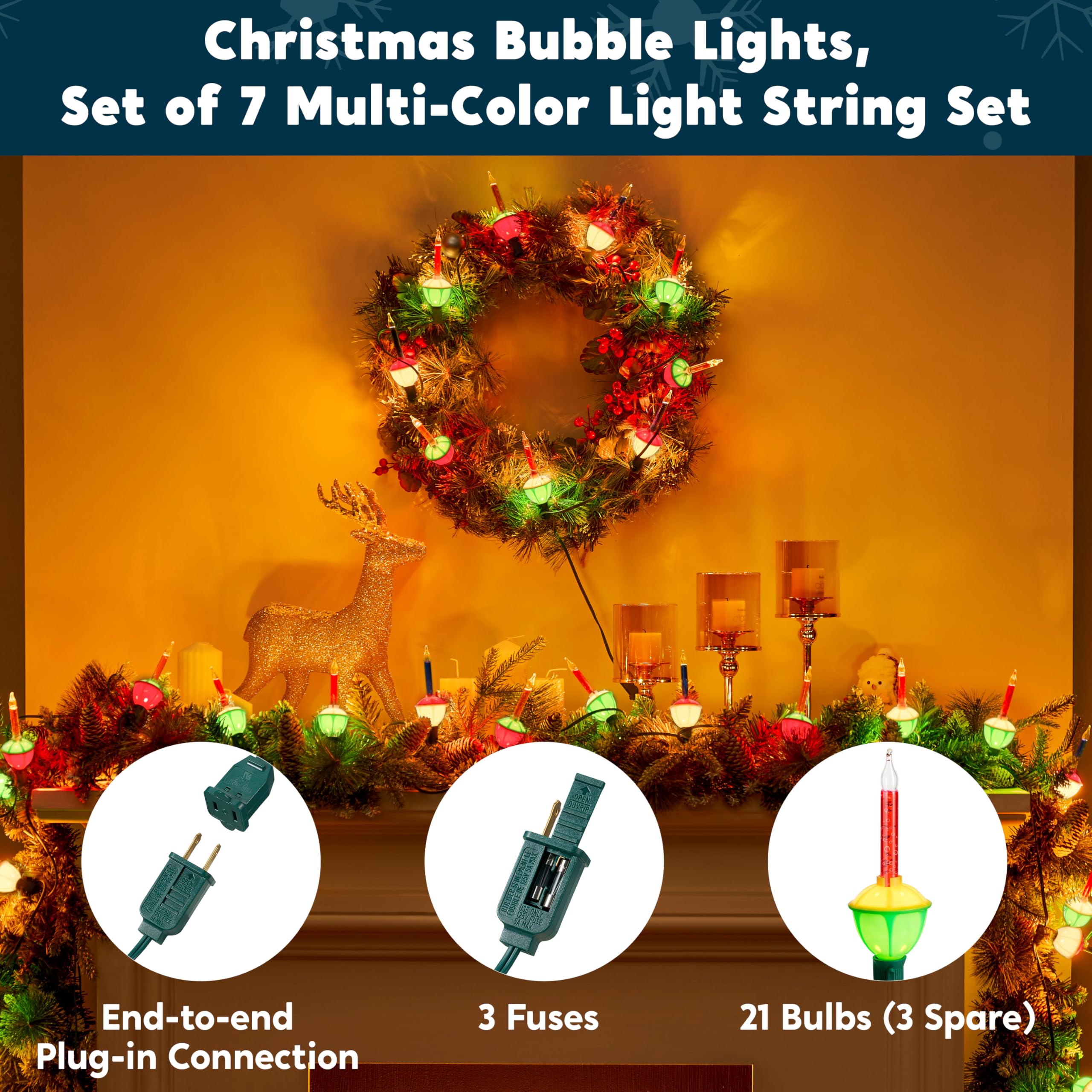 Joiedomi 3-Pack Vintage Bubble String Lights, 21 Multicolor Bubbles for Christmas Tree & Decorations, Model ULP(7)-LR(7)(5W)