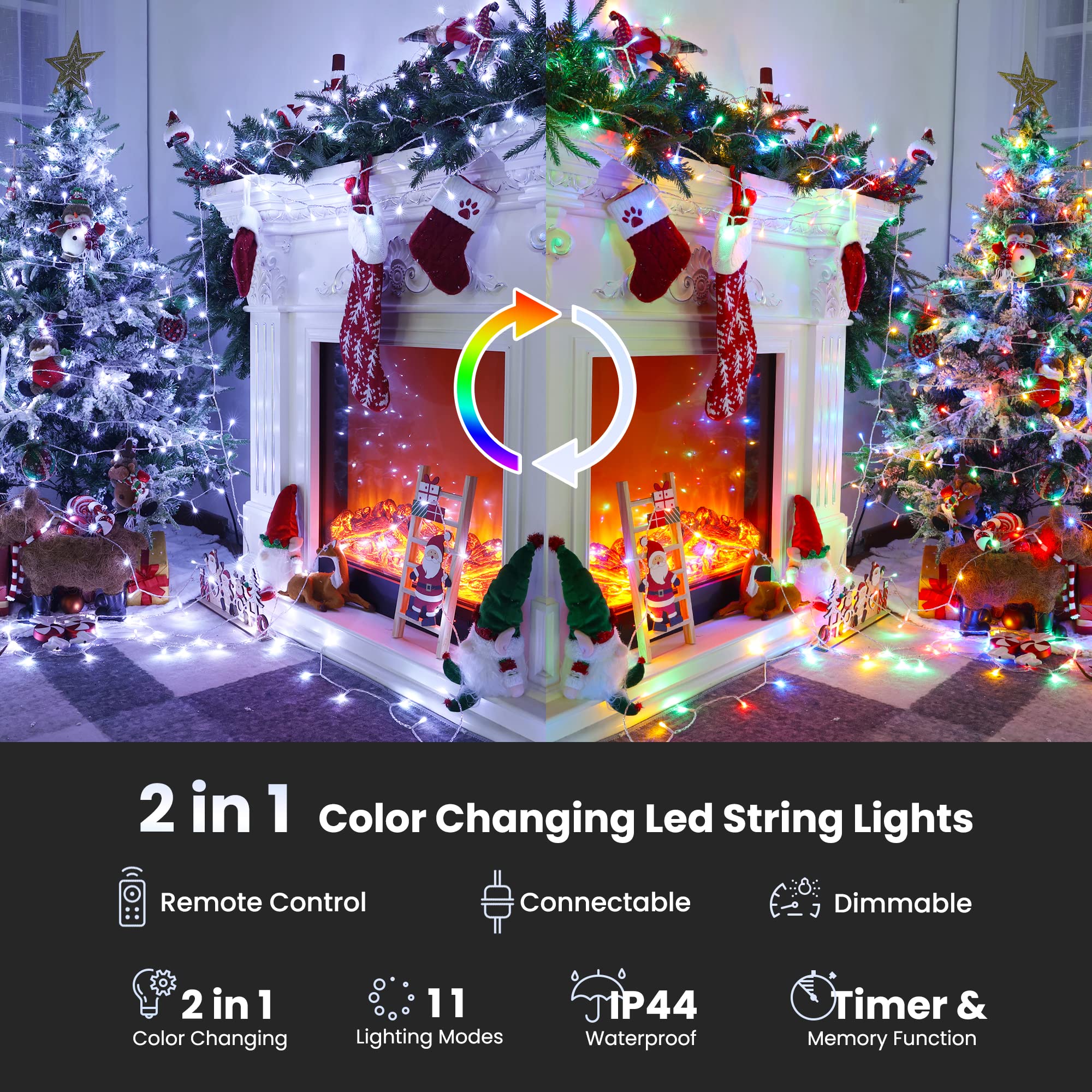 Jnaurb Color Changing Christmas Lights, 175ft, 500 LED, Waterproof, Remote, 11 Modes, White & Multicolor, Model LED0823500