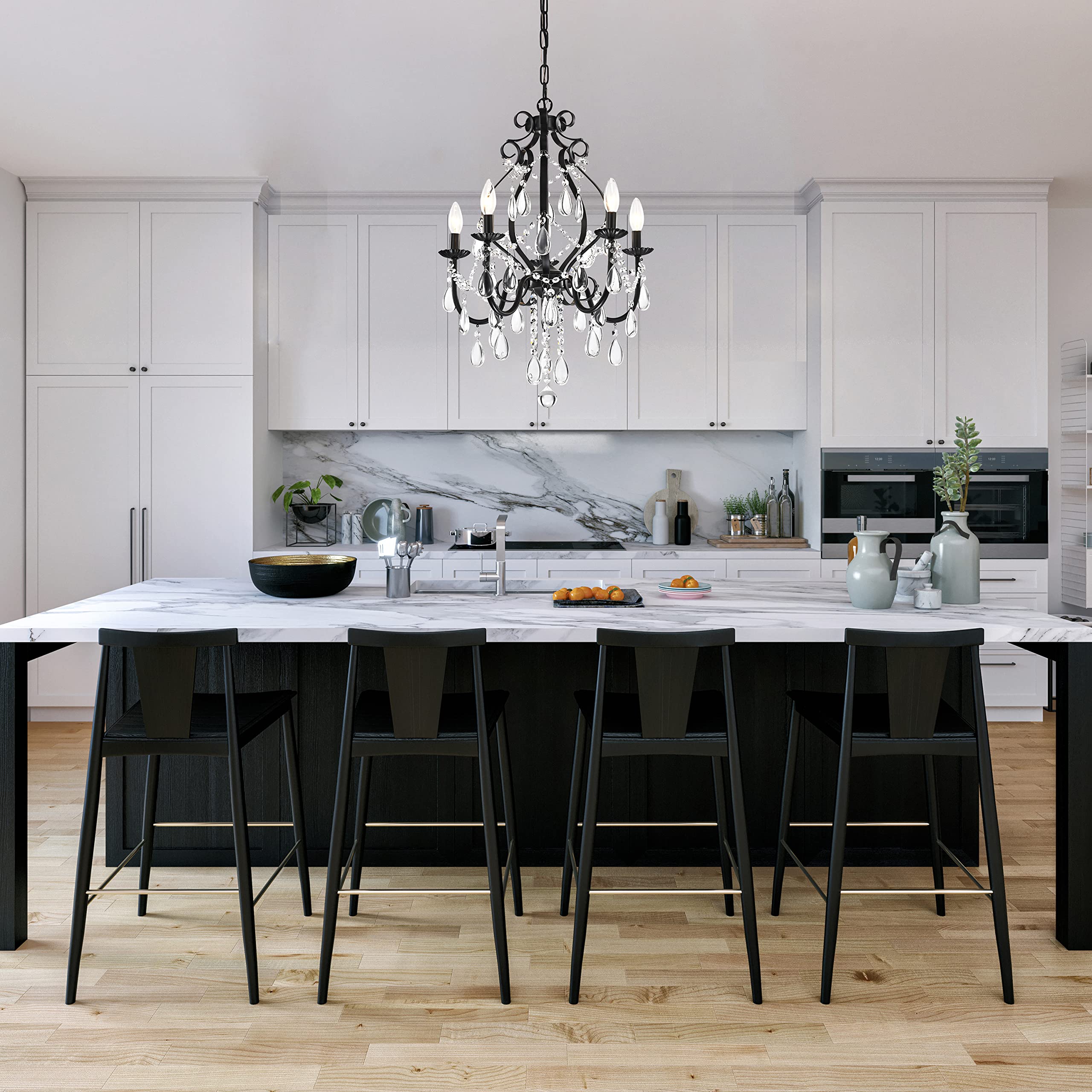 Edvivi Amorette Crystal Chandelier 5 Lights, Black Metal, Teardrop Crystals, Adjustable Ceiling Light For Foyer, Dining Room, Bedroom