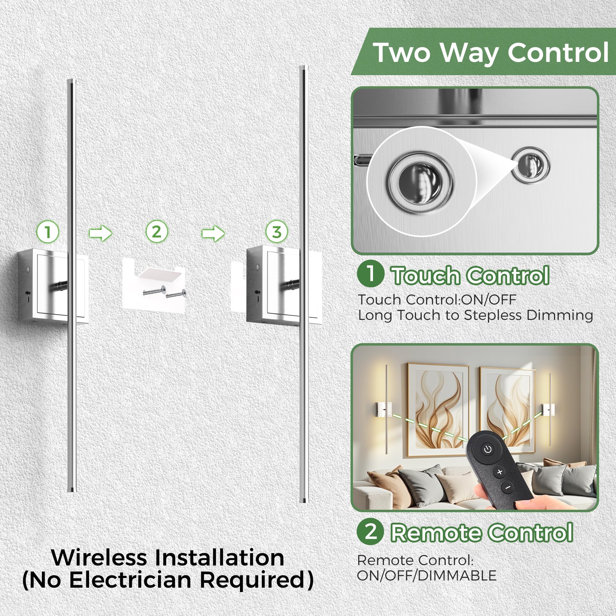 DORESshop Battery Operated Wall Sconces Set of 2, Dimmable Chrome Lights, 28.1 Inch Wireless Sconces with Remote Control