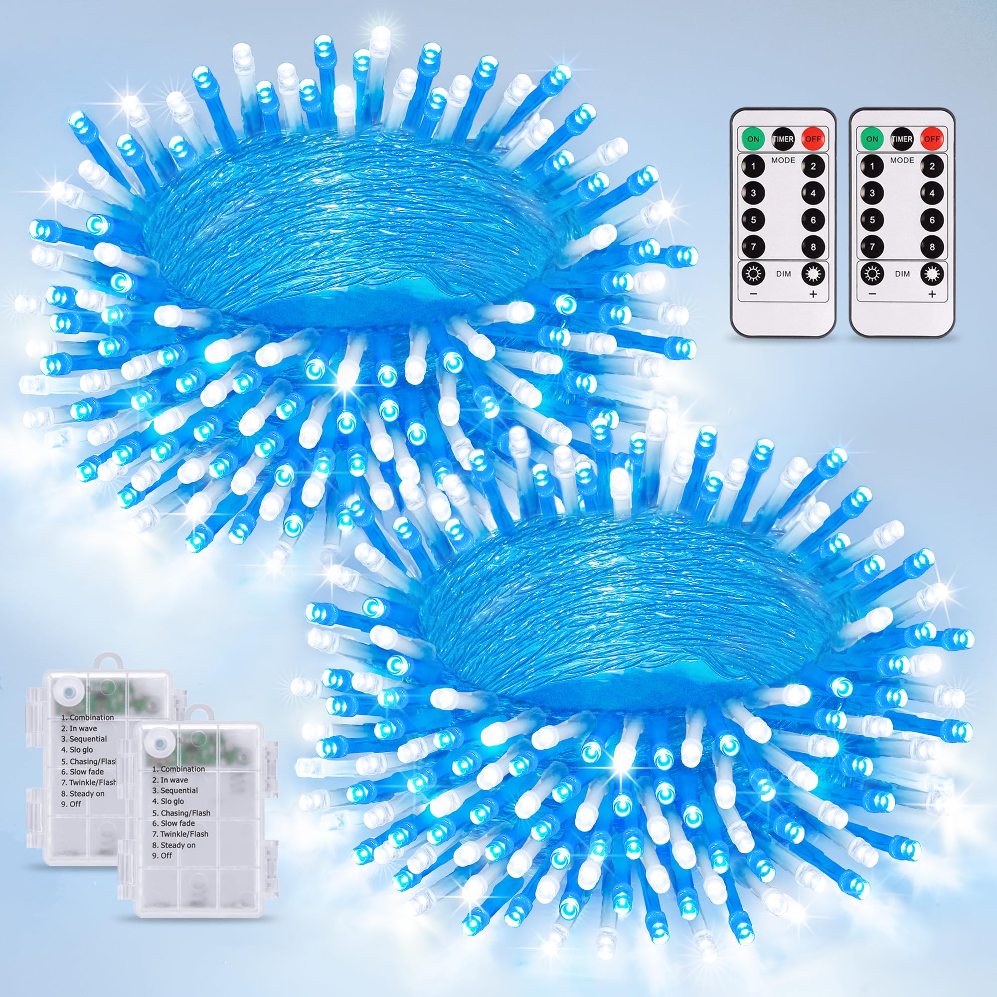 JMEXSUSS Battery String Lights, 100 LED, 33ft, Blue & White, 2 Pack with Remote for Outdoor Party and Birthday Decorations