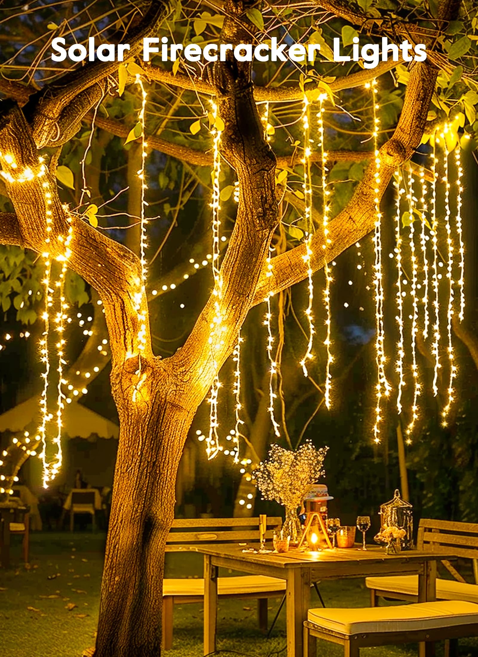 Minetom Solar Lights Outdoor, 19.6Ft 240 Led Solar String Lights For Outside, 8 Modes Firecracker Solar Fairy Lights For Balcony Patio Tree Christmas Party Wedding Decor (Warm White)