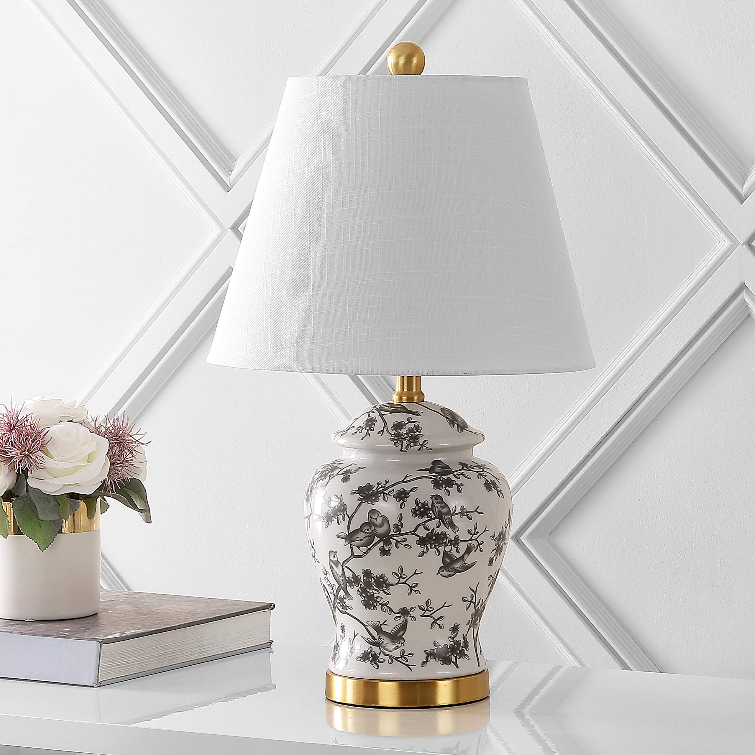 JONATHAN Y 22in Chinoiserie LED Table Lamp, Ceramic, Gray/White, Model JYL3005C, Bedside Desk Nightstand for Bedroom, Living Room, Office