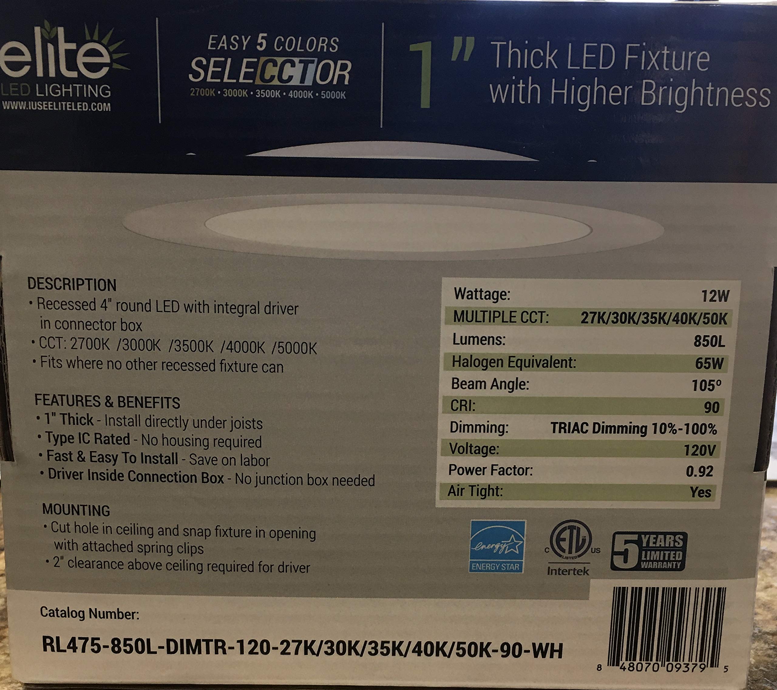 Rl475-850L-Dimtr-120-27K/30K/35K/40K/50K-90-Wh 4" Inch Canless