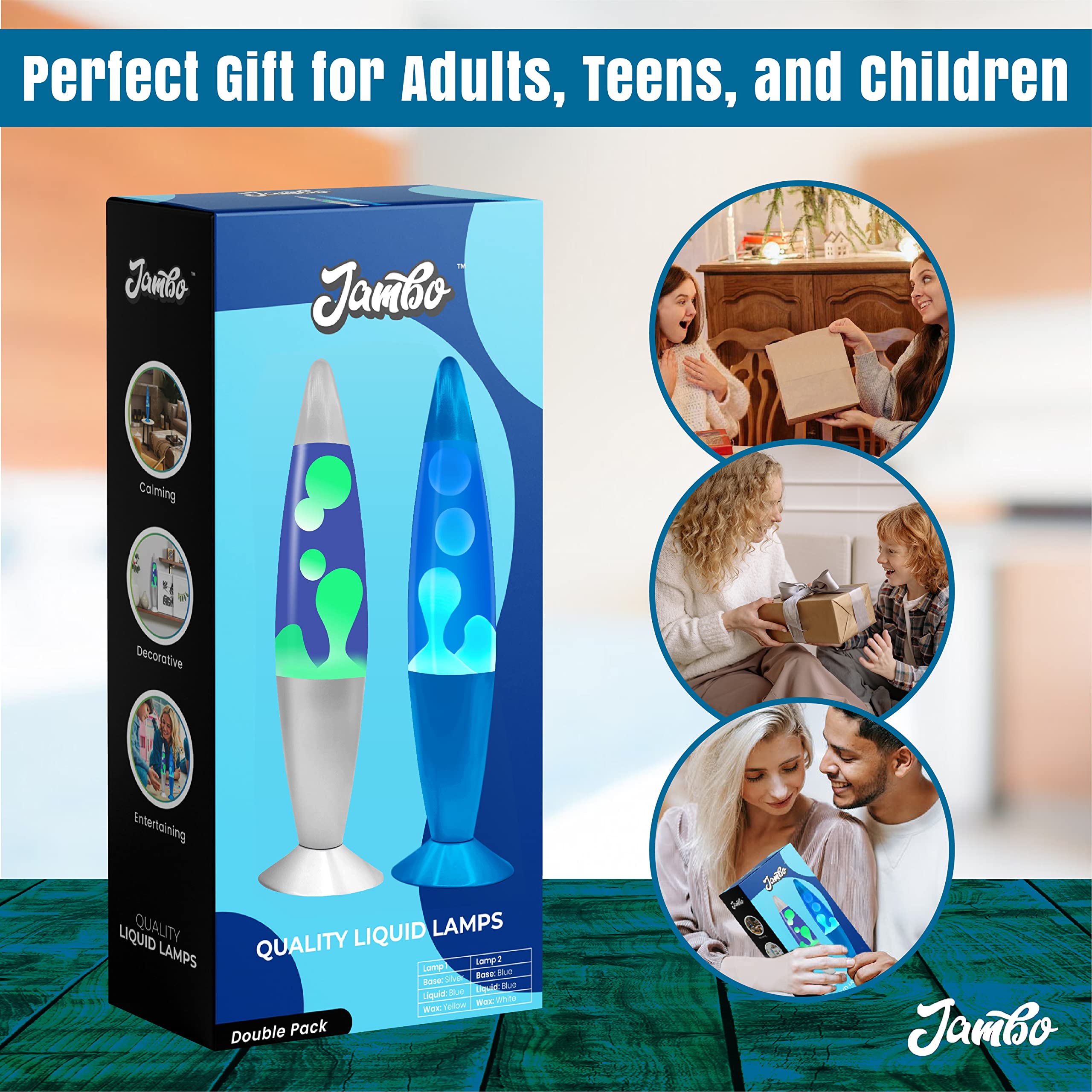 Jambo 16&quot; Inch Beautiful Liquid Motion Lamp With Wax | Entertaining For Adults, Teens And Kids (Silver Base, Blue Liquid, Yellow Wax & Blue Base, Blue Liquid, White Wax Double Pack)